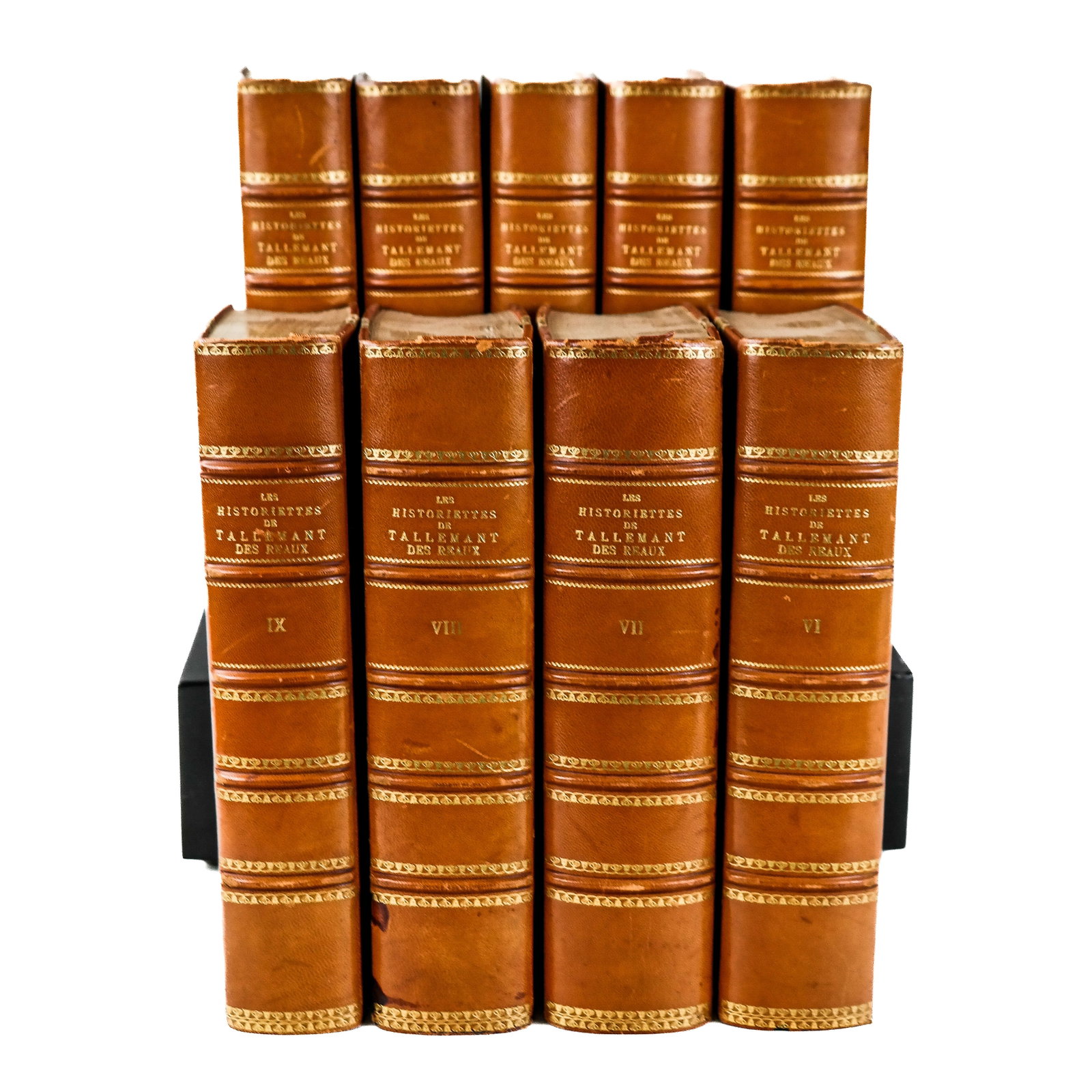 French Bindings: Historiettes Tallemant des Reaux: Les Historiettes de Tallemant des Reaux, arranged and annotated by Paulin Paris and L. J. N. de Monmerque, 9 volumes, three quarter leather bindings with gilt lettering, marbled boards and end pages, 