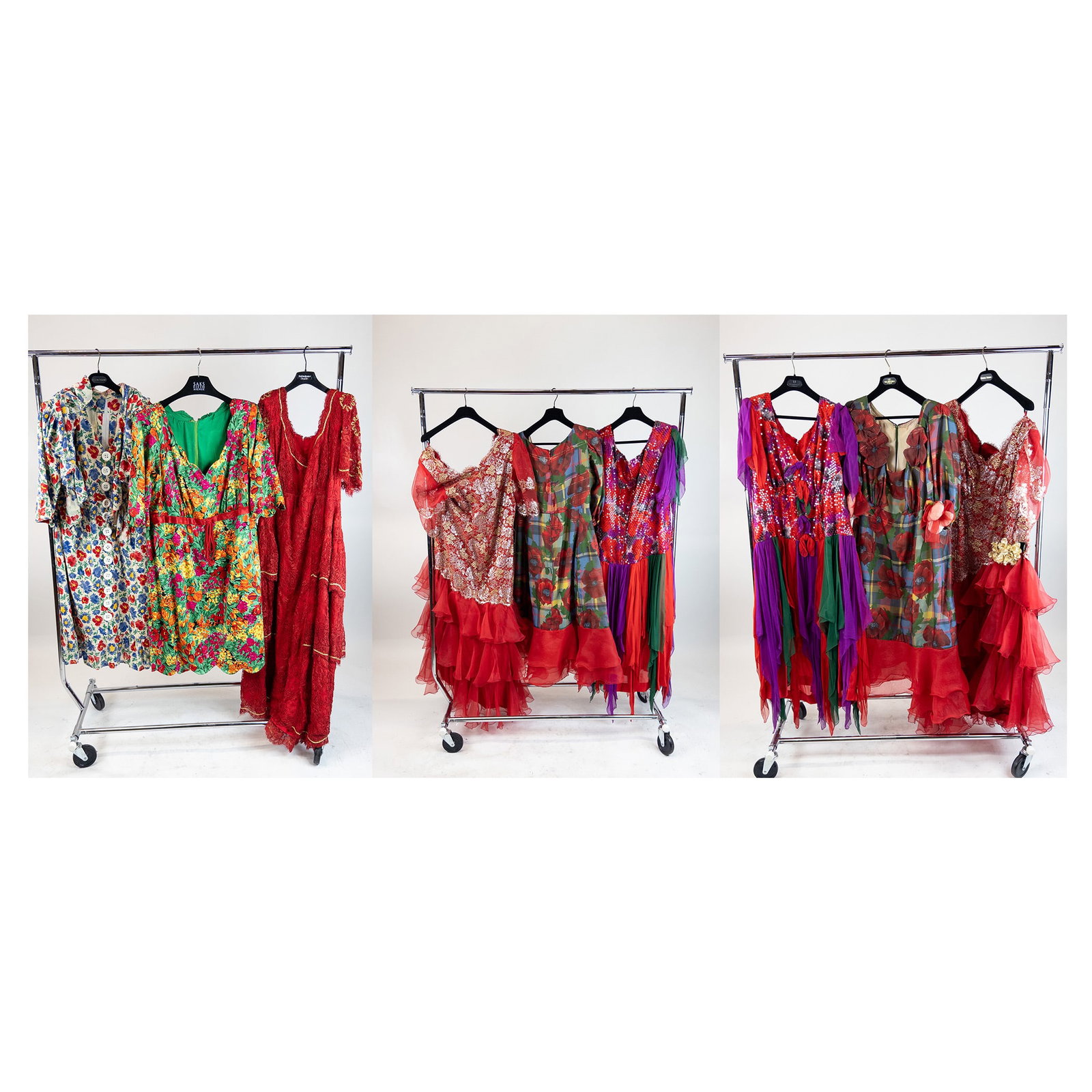 Collection of 15 Vintage Custom Plus Size Dresses: A collection of 15 vintage custom made dresses in various styles, all ranging from sizes 16-20. Circa 1960-80s. Includes: twills, silks, lace, floral prints, applique embroidery, etc. Provenance: From