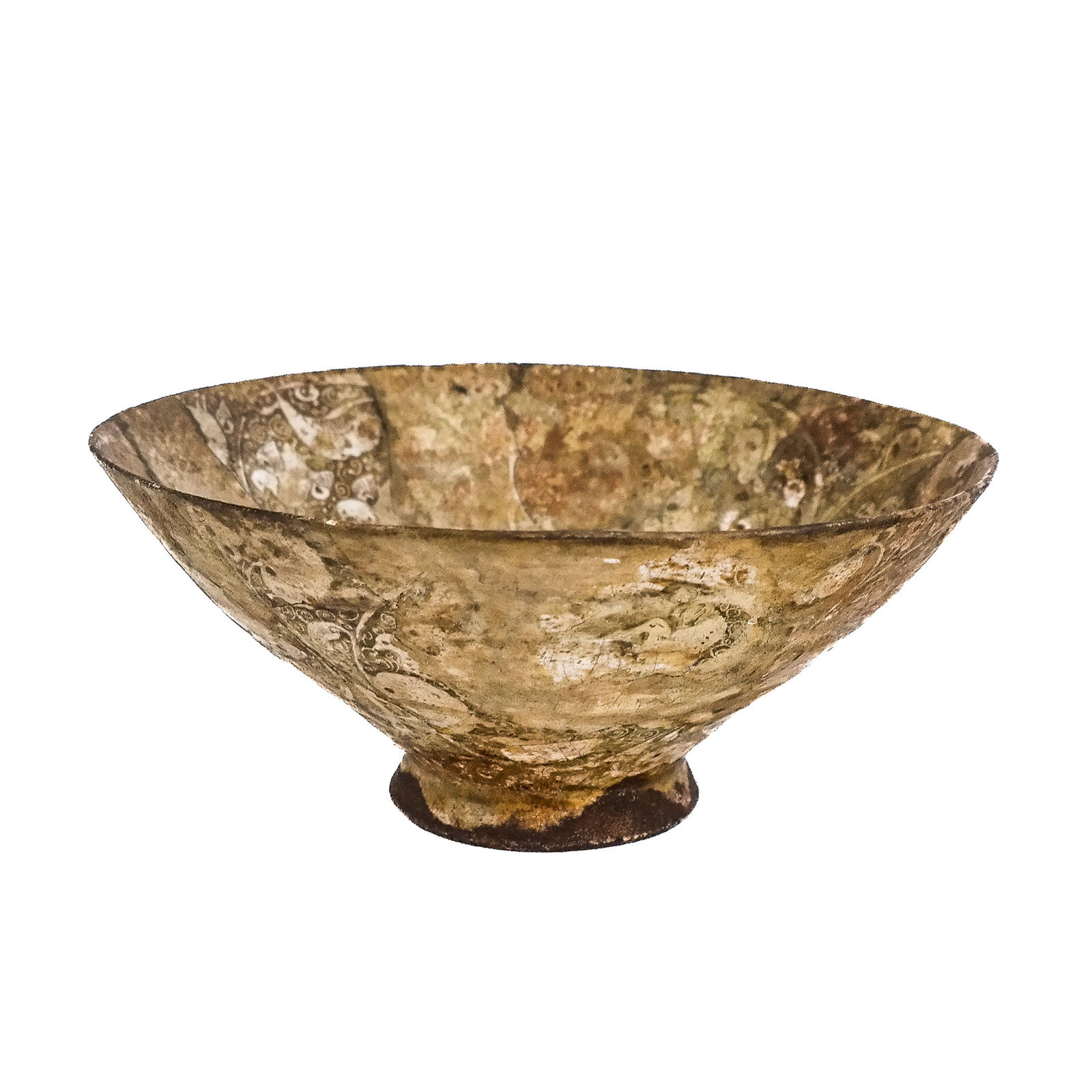 Antiquities: Antique Islamic Pottery Bowl: Antique Islamic pottery bowl, probably 9th-12th century, Rhages, Persia (present-day Iran), having a luster glaze with bird decoration. [2 3/4" H x 6 3/8" Diam.]. In distressed condition with losses.
