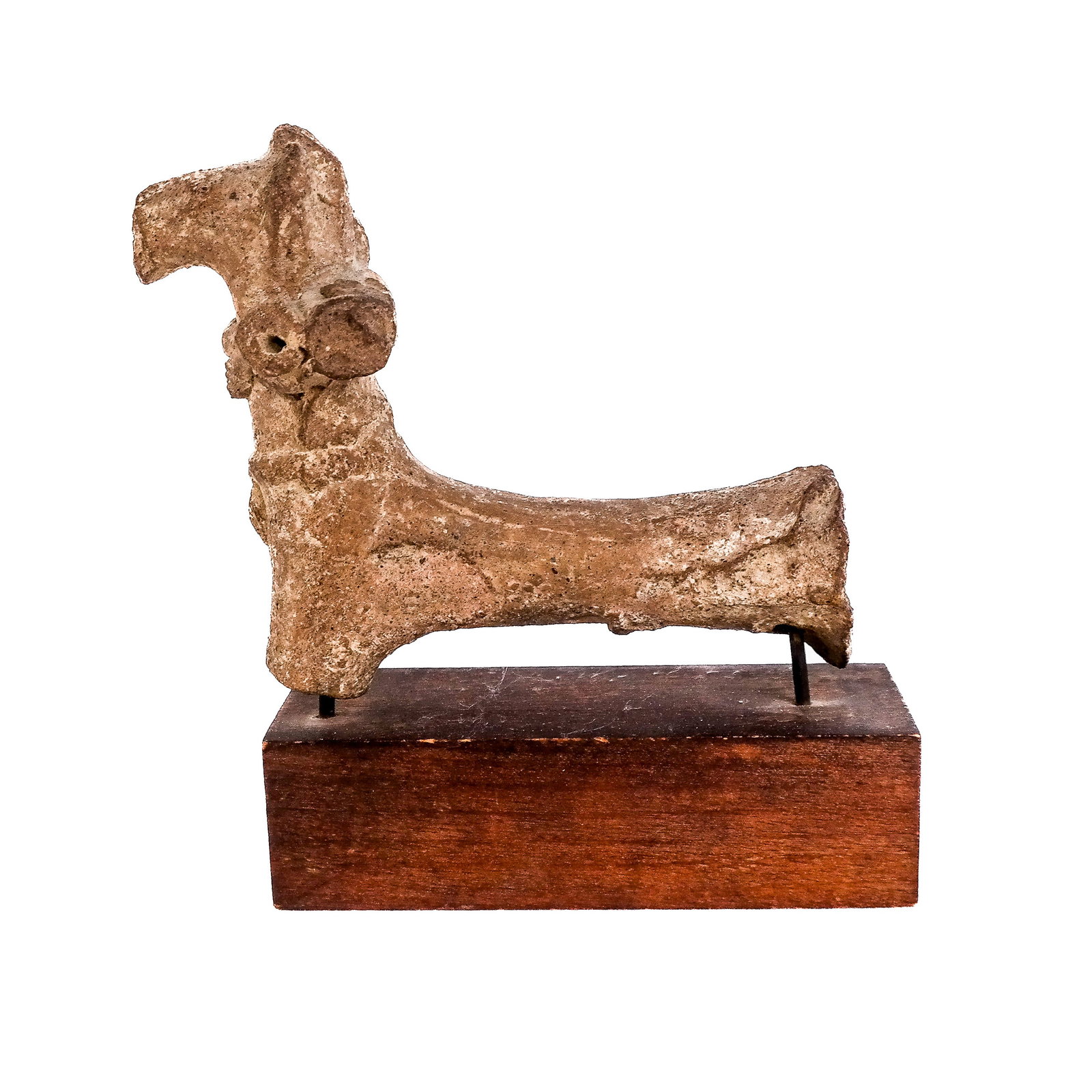 Antiquities: Antique Pottery Sculpture: Antique pottery sculpture, probably 3rd-1st century BCE (BC), Cypriot or Egyptian, modeled as a Boetian horse, on a wood plinth base. [Overall: 5 3/4" H x 6" W x 1 3/4" D]. Losses, stains, erosion and