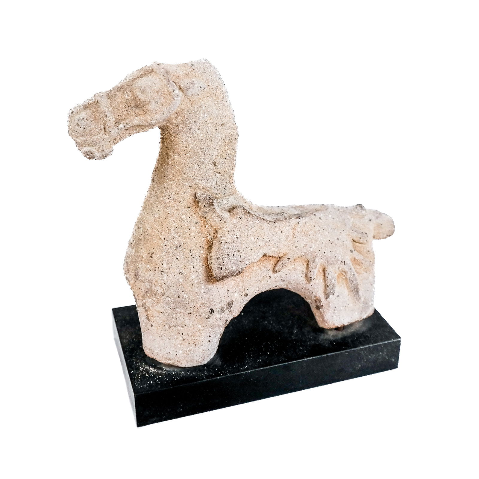 Antiquities: Antique Pottery Sculpture: Antique pottery sculpture, probably 3rd-1st century BCE (BC), Cypriot or Egyptian, modeled as a Boetian horse, on a wood plinth base. [Overall: 6 1/2" H x 6 1/4" W x 2 3/4" D]. Losses, stains, erosion