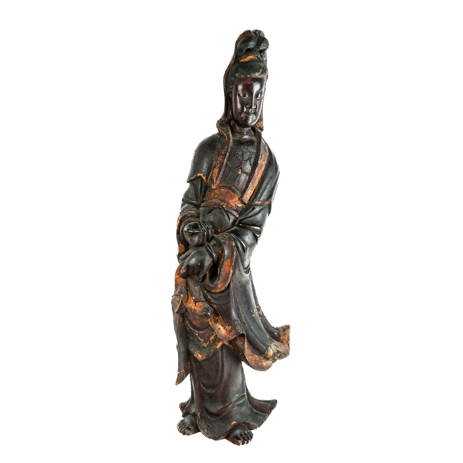 Antique Chinese Carved Wood Guanyin Sculpture: Antique Chinese carved wood sculpture of a Guanyin, 18th or 19th century, modeled standing with serene countenance and billowing robes. [29 1/4" H x 9 3/4" W x 7" D]. Numerous splits and age cracks; l