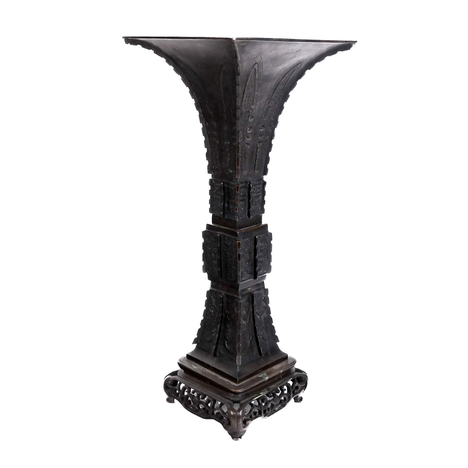 Chinese Patinated Bronze Vase: Chinese patinated bronze vase, of squared Gu form, and in the archaic manner with relief and pierced details. [17" H x 7 1/4" W x 7 1/4" D]. Oxidation, residue and wear.