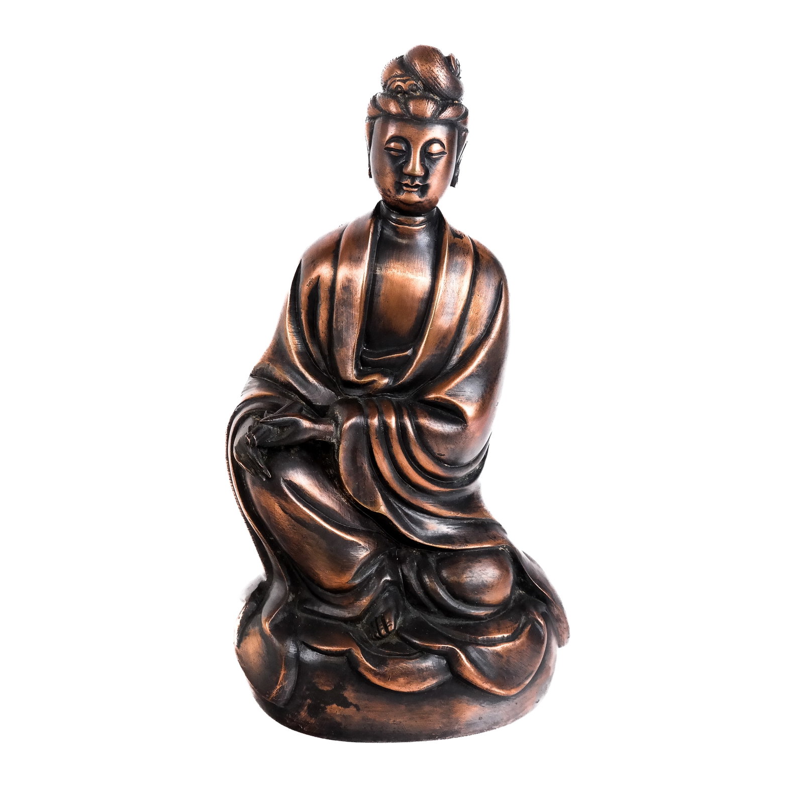Chinese Patinated Model of Guanyin: Chinese patinated model of Guanyin, modeled seated with flowing robes. [11" H x 6" W x 4 1/2" D]. Oxidation, residue and wear.