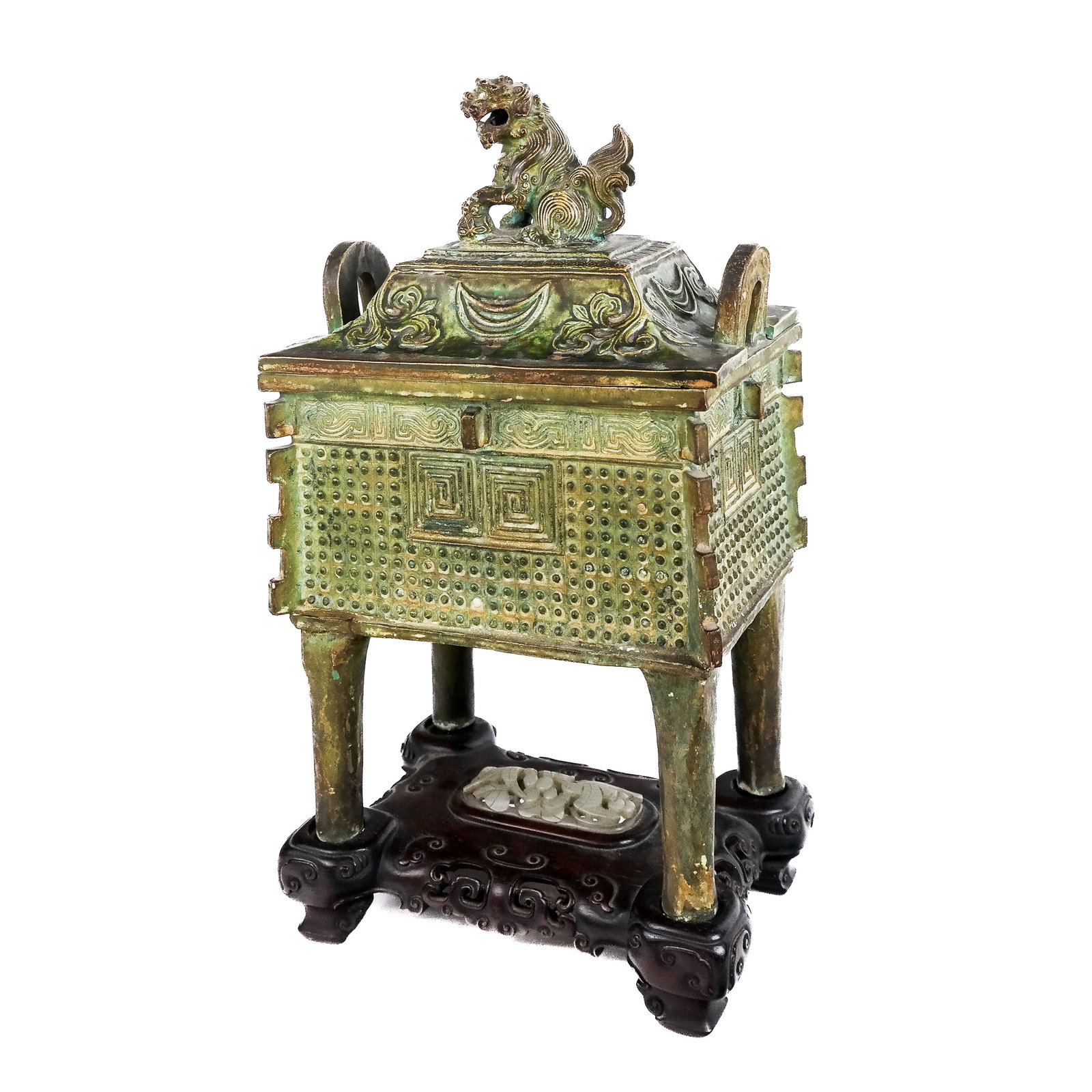 Late Qing Dynasty Pottery Ritual Wine Vessel: Late Qing Dynasty pottery ritual wine vessel/censer, of rectangular outline with bead and geometric design with loop handles and a foliate and foo lion finial, raised on legs, now with carved and pier