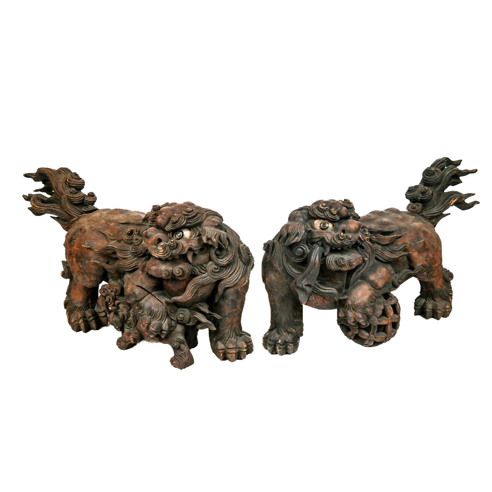 Pair of Carved Wood Temple Lions (1 of 14)