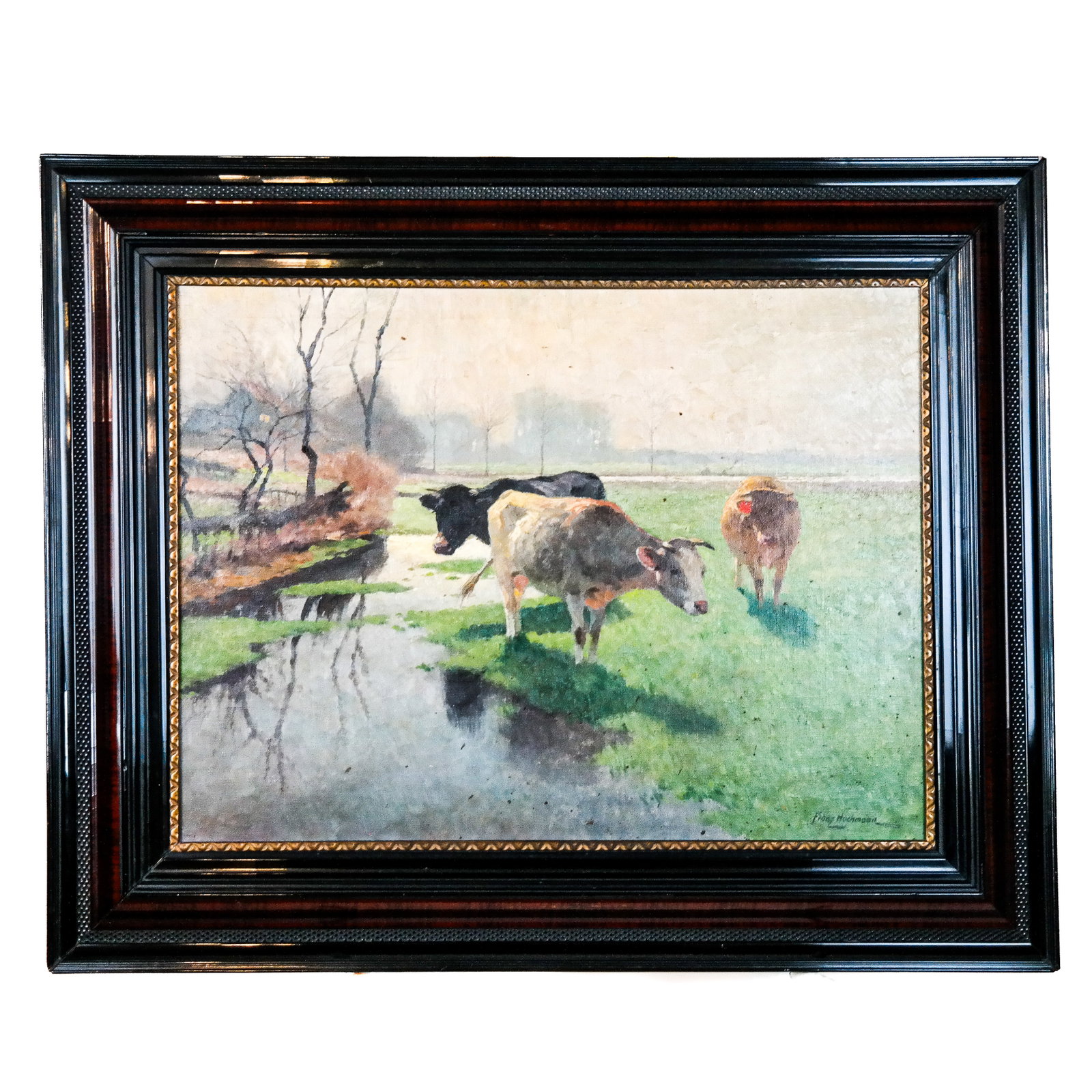 Franz G. HOCHMANN: Cows - Oil Painting: Franz Gustav Hochmann (German, 1861-1935) oil on canvas painting of cows grazing by water in a landscape, signed lower right. [Art: 22 1/2" H x 30" W; Frame: 33 1/2" H x 41 1/2" W].