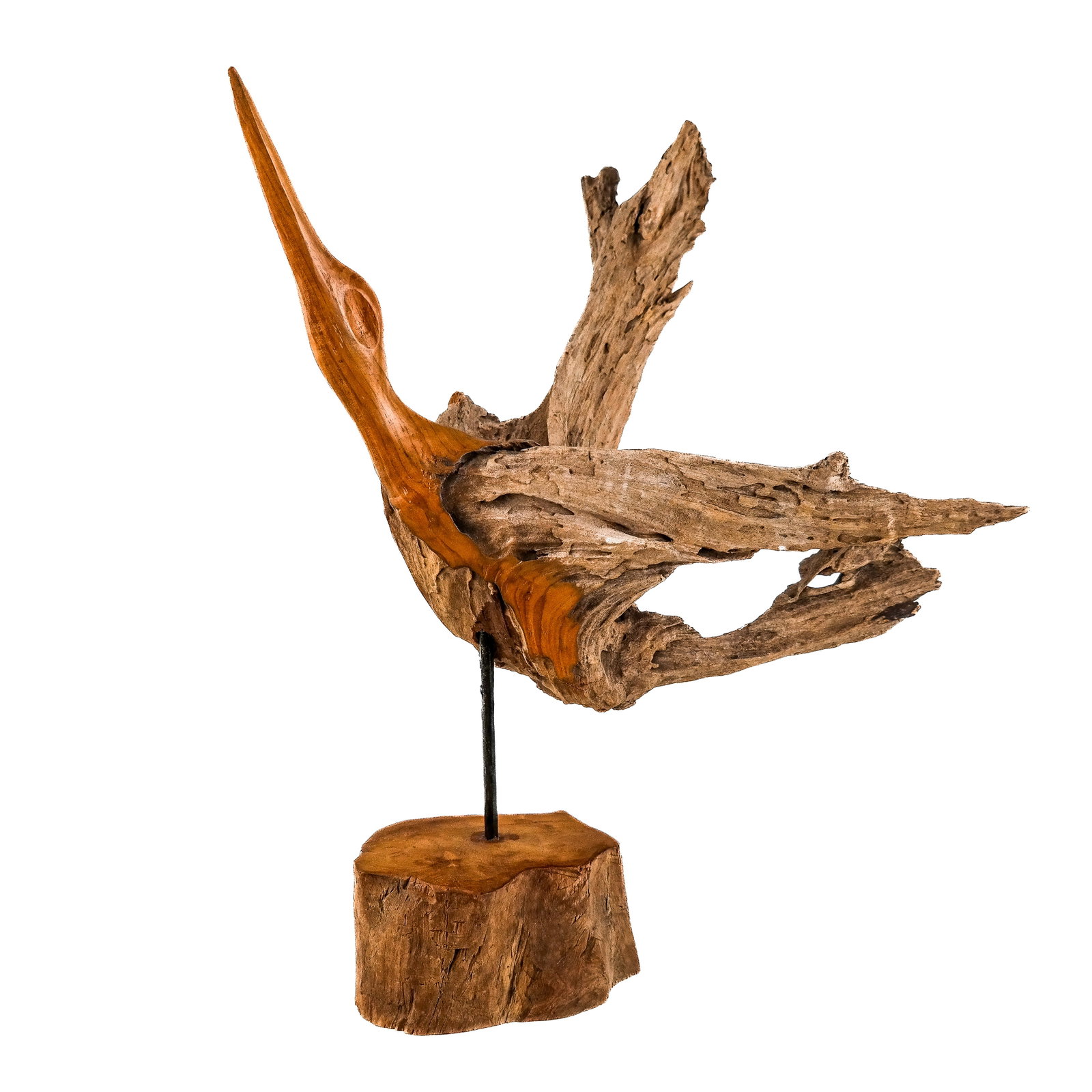 Modern Driftwood Sculpture of a Bird: Modern driftwood sculpture of a bird, modeled with wings spread in upward flight. [23 1/4" H x 23" Diam.].