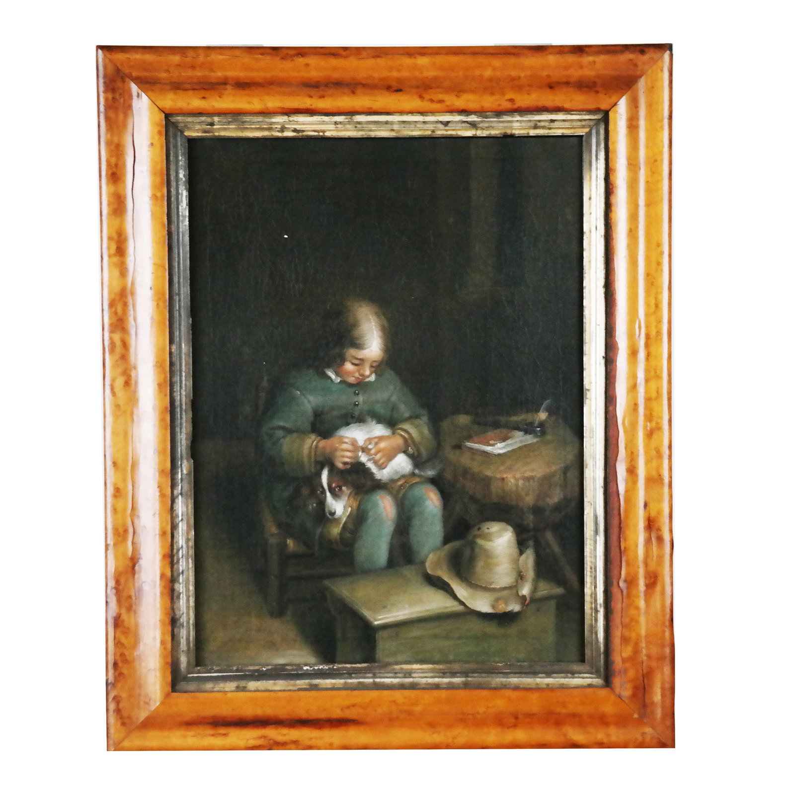 After G.T. BORCH: "Boy Removing Fleas": After Gerard ter Borch (Dutch, 1617-1681), "A Boy Removing Fleas From His Dog". [Sight: 15" H x 11 1/2" W; Frame: 21" H x 17" W].