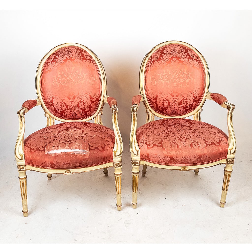 Pair of French Armchairs: Pair of French painted and decorated armchairs. [37" H x 24" W x 25" D].