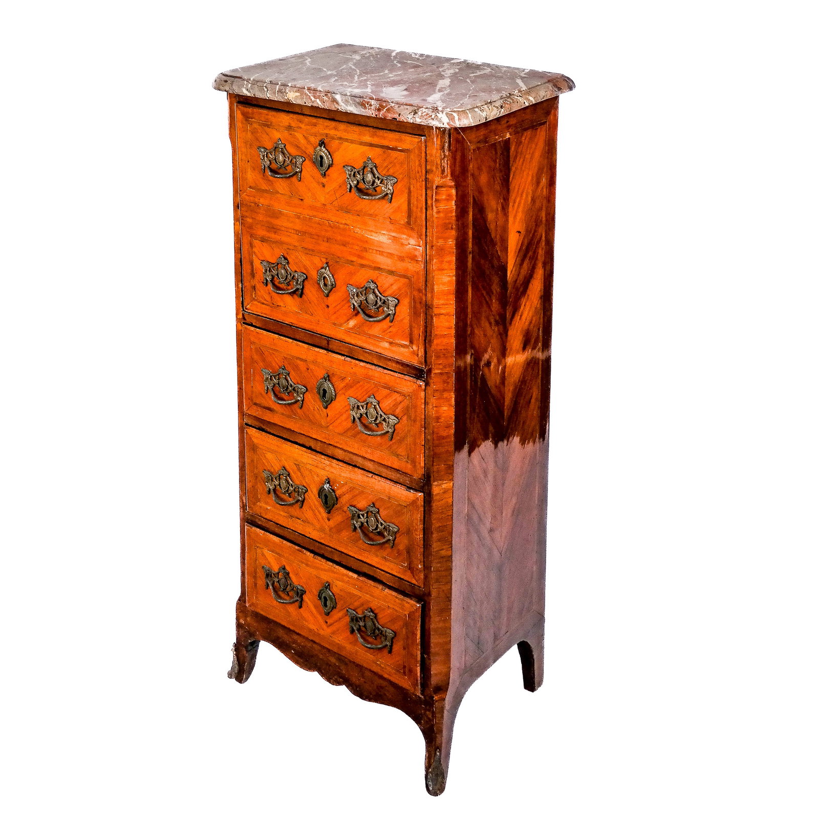 18th C. French Secretaire- Abbatant: Antique Louis XV Style marquetry and satinwood inlaid secretaire - abattant with a fitted interior, and a rouge marble top, having three lower drawers and a marble top. [44 3/4" H x 19" W x 14" D].