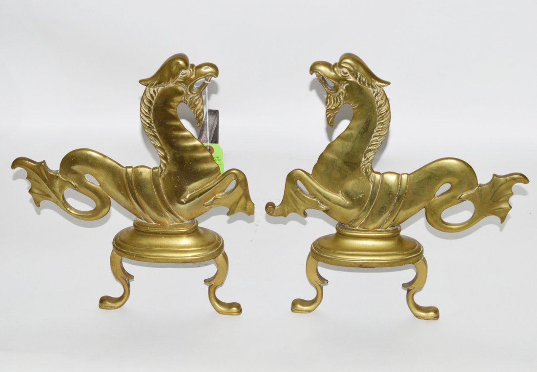 Pair of Allegorical Andirons: Pair of figural andirons, chicken and horse form on pad feet.