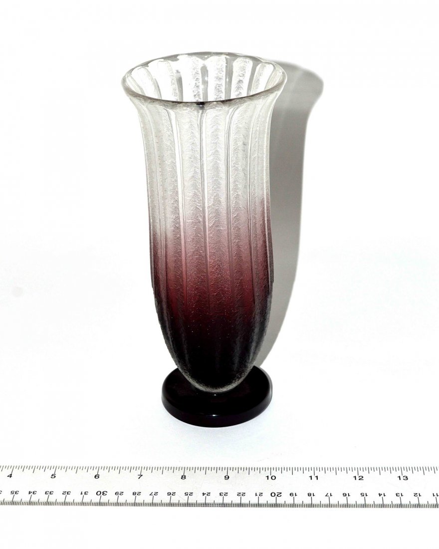 Charles Schneider Art Deco Glass Vase: Fluted acid-etched purple to clear glass vase. Signed "Schneider" on side of foot and "France" on bottom. 3 3/4" Dia x 8 1/2" H. In good condition.