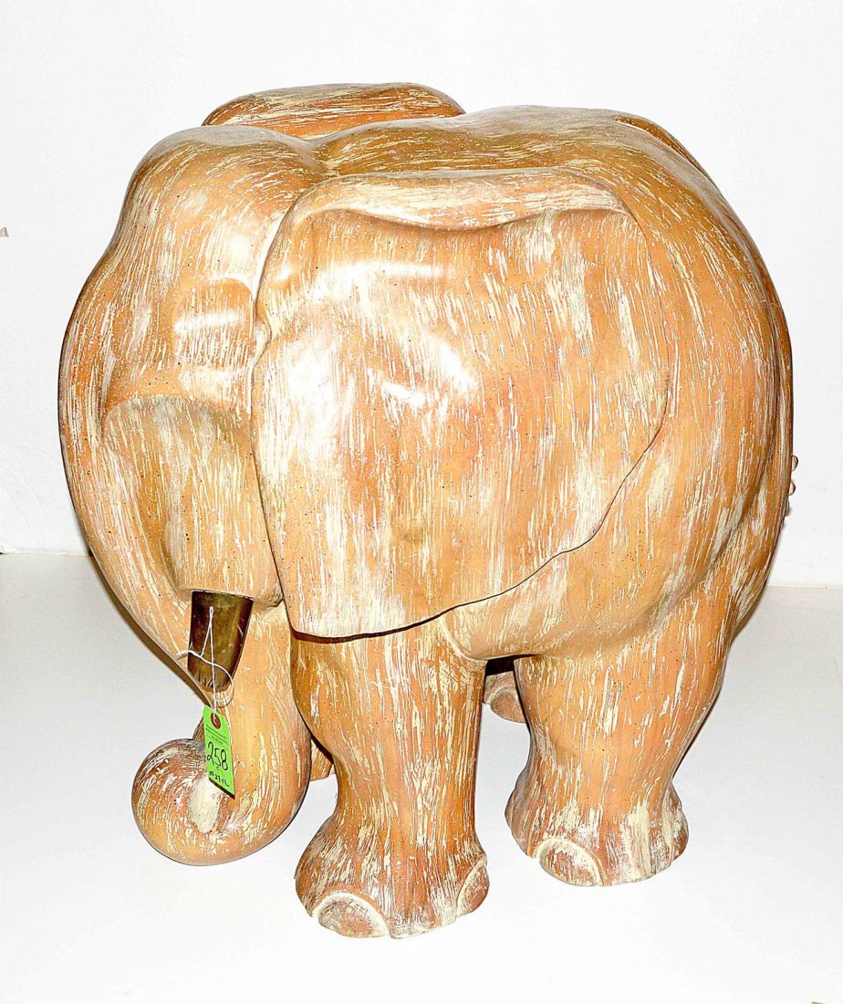 Sculptural Cerused Carved Wood Elephant Table Base: Stylized elephant-form with short bronze tusks. 20" W x 28" D x 29" H. Missing glass top. In good condition.