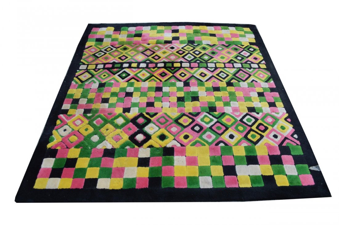 Edward Fields Rug: Multicolor geometric design. Needs to be cleaned. Some wear. 1973. 8' x 9' [approx].