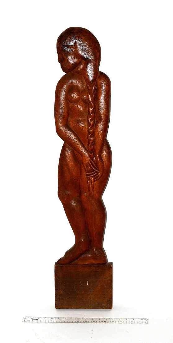 Carved Wood Sculpture, Polynesian Woman: Full-length standing depiction of a female nude with braided hair. 8 1/4" W x 1 3/4" D x 42" H. Scratches and scuffs with loss to nose.