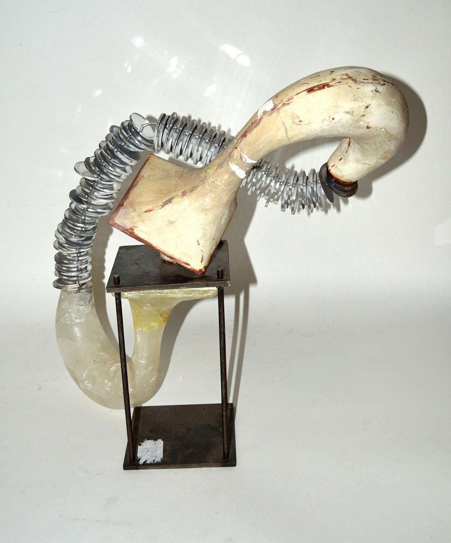 John Newman Sculpture: Mixed media biomorphic sculpture with resin, plaster, acrylic, and steel elements. 17" x 14" x 12". Plaster element bears some chips and losses.