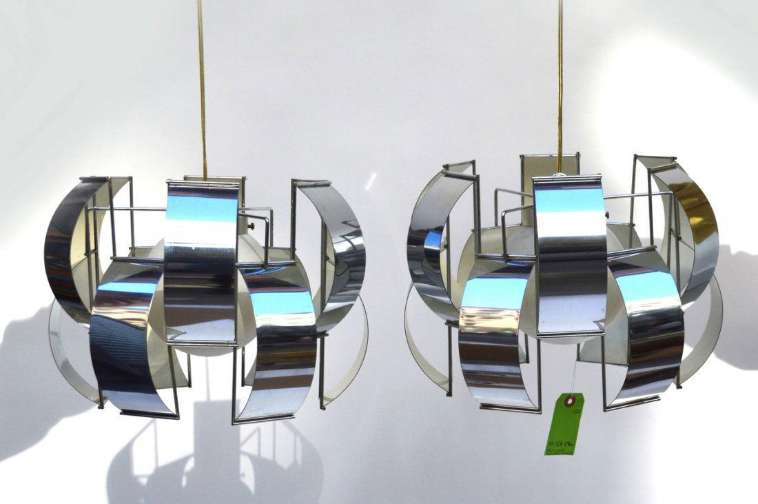 Pair of Max Sauze Fixtures: Pair of chrome Max Sauze fixtures. Overall good condition. Minor wear. 14" Dia x 10" H [approx].