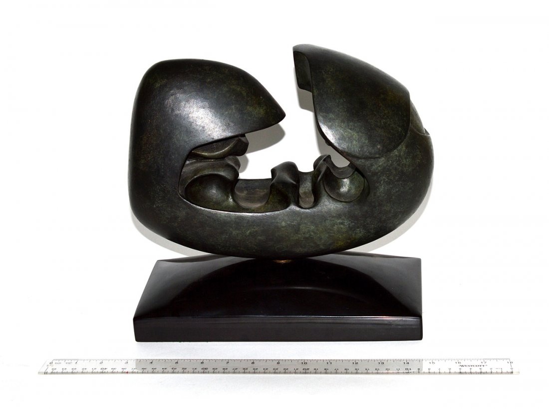 Bronze Sculpture, Style of Louise Bourgeois: Biomorphic sculpture with open center on black marble base. Bronze only: 12 1/2" W x 6 3/4" x 9 1/4" H. Signed "A. R.O. 1/6" on side. In good condition.