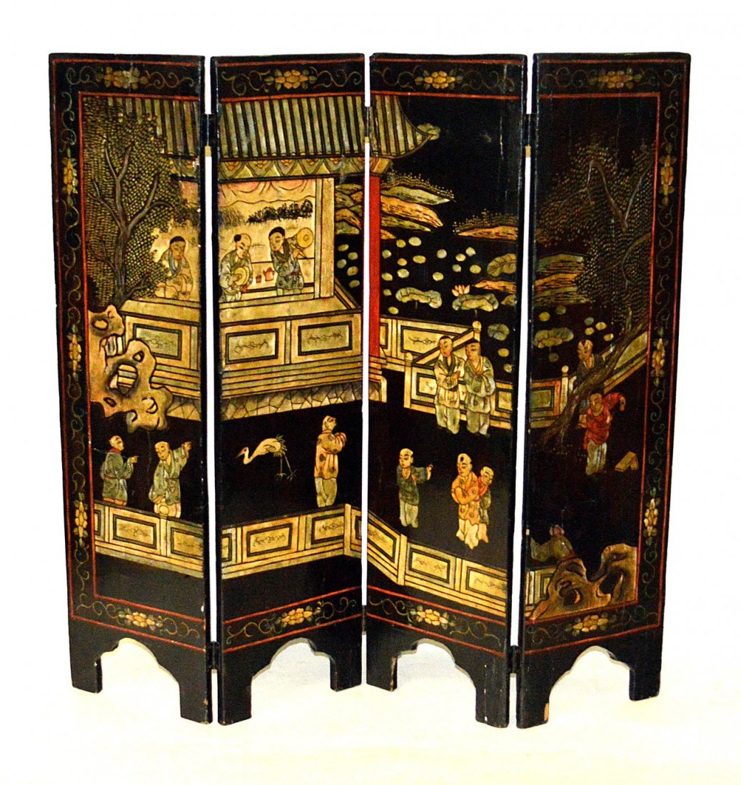 Chinese Four-Panel Table Screen: Double-sided lacquered and mother-of-pearl table screen. One side bears a court scene with musicians and children, the other song birds among blossoms. 34" H x 36" W. Some light cracking, chips, and s
