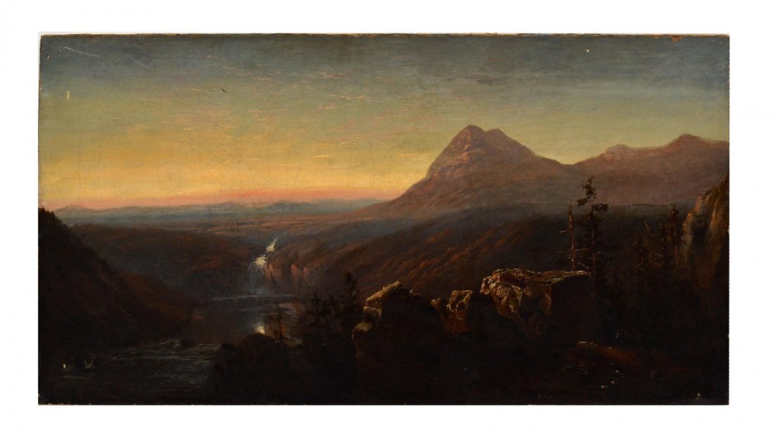 After William Louis Sonntag Oil on Canvas: Mountain landscape with waterfall. Unsigned. Art: 26" x 48". Unframed. Craquelure and some chips, otherwise in good condition.