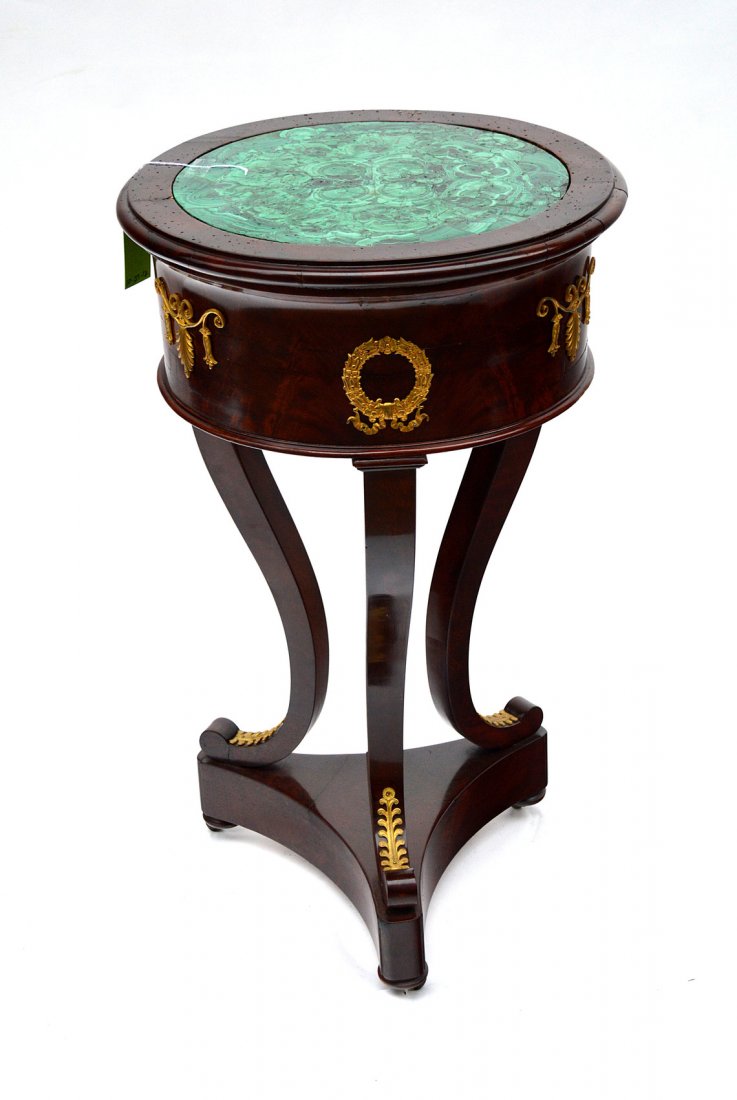 Empire Gueridon: Mahogany S-form base, bronze appliques with a faux malachite inset top. 18"DIA.