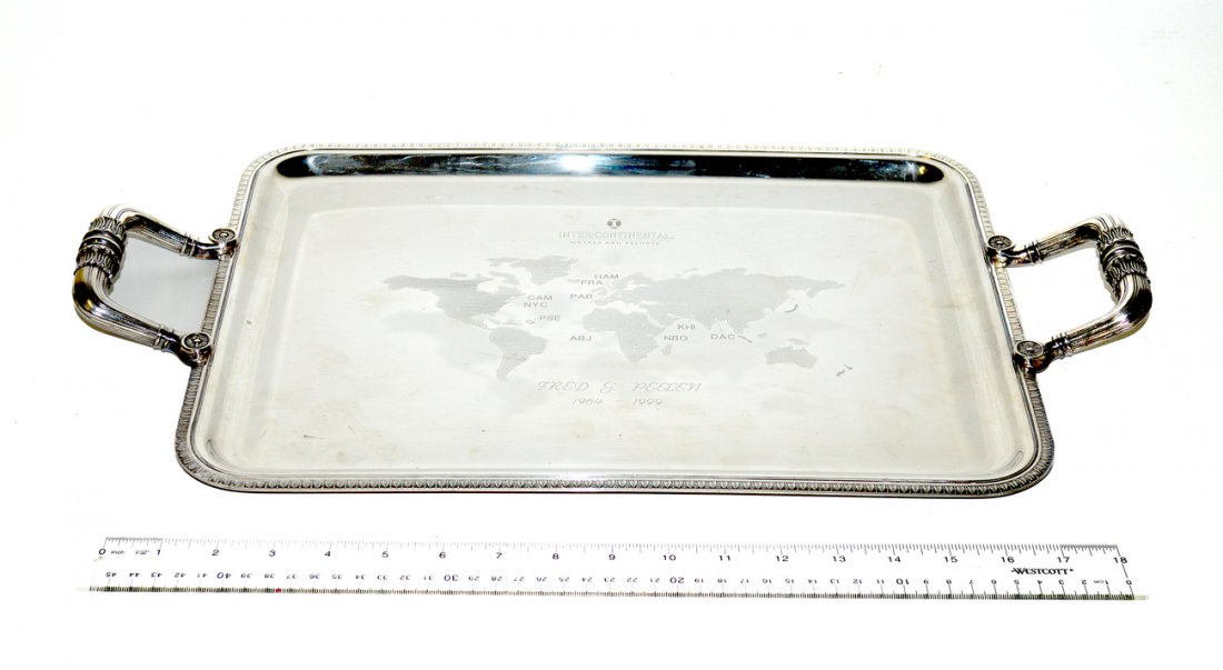 Christofle Silver-Plated Tray: Silver-plated tray bearing engraving from Intercontinental Hotel. Marked "Christofle France." 21 1/2" x 12 1/2".