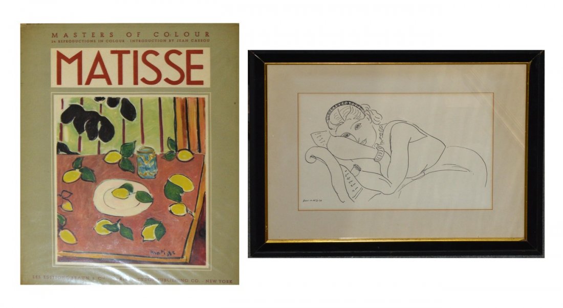 Print After Henri Matisse "Adalisque au Divan" [2]: Waist-length depiction of woman with a tiara reclining. Bears printed inscription "Henri Matisse 36" at bottom left. Light-toning and matte burn. Image: 11 1/2" x 18"; Frame 21" x 27". Accompanied by 