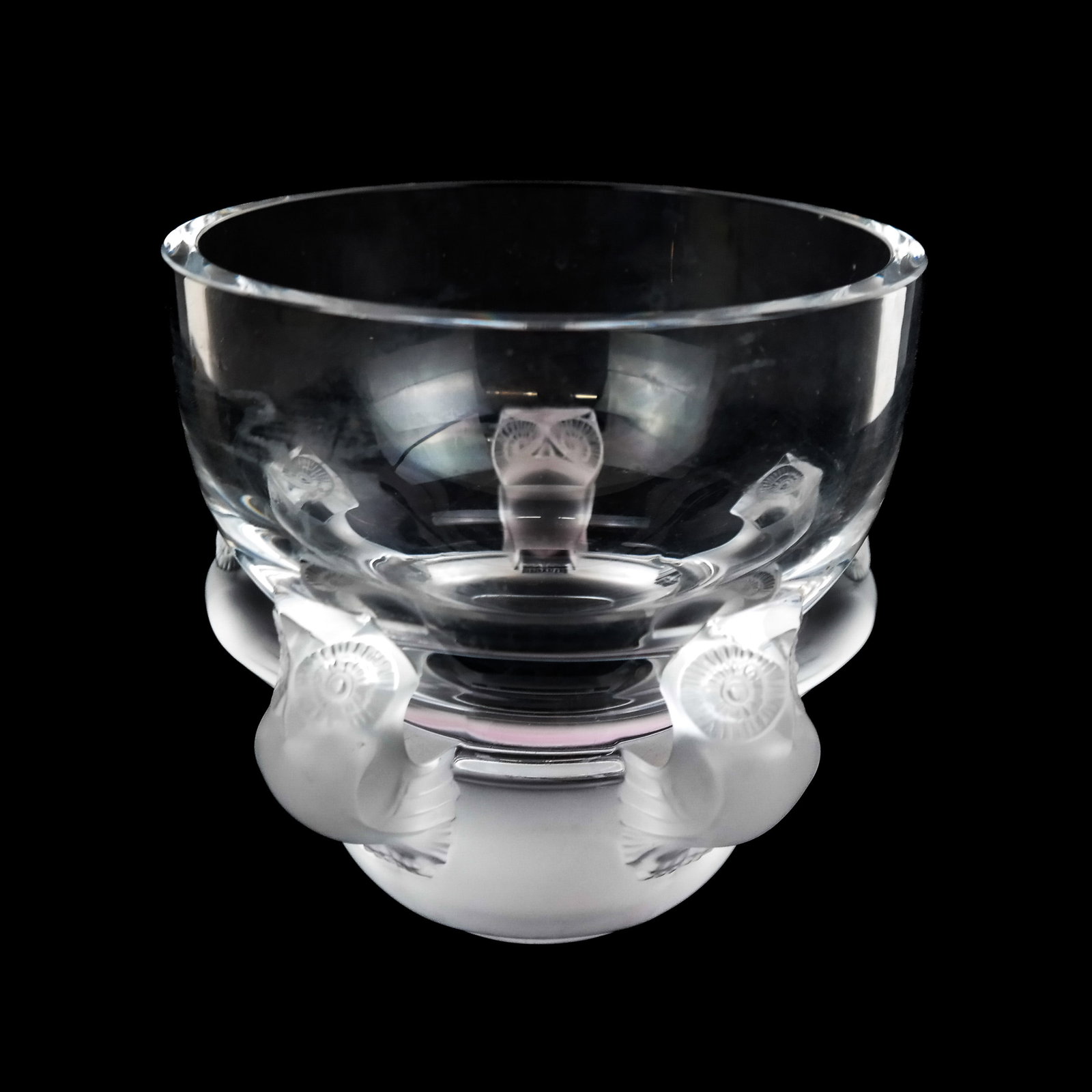 Lalique French Glass "Hiboux" Bowl: Lalique French clear glass bowl with relief frosted owl motifs, bearing etched signature to base. [5 1/4" H x 6 1/4" Diam.]. Light scuffs and residue.