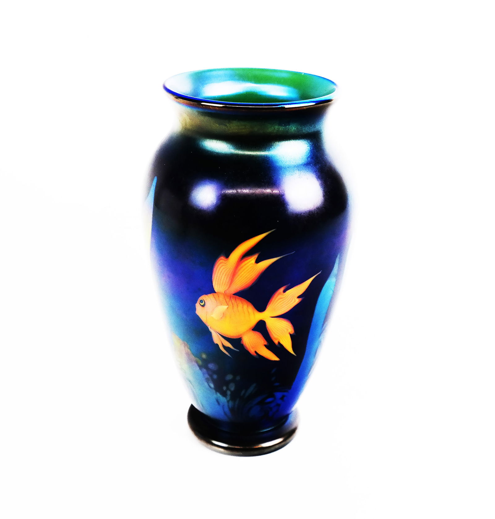 Orient & Flume Scott Beyers Art Glass Vase: Orient & Flume iridescent art glass vase depicting an underwater scape with fish, marked and numbered on base. [7 1/2" H x 4 1/2" Diam.].