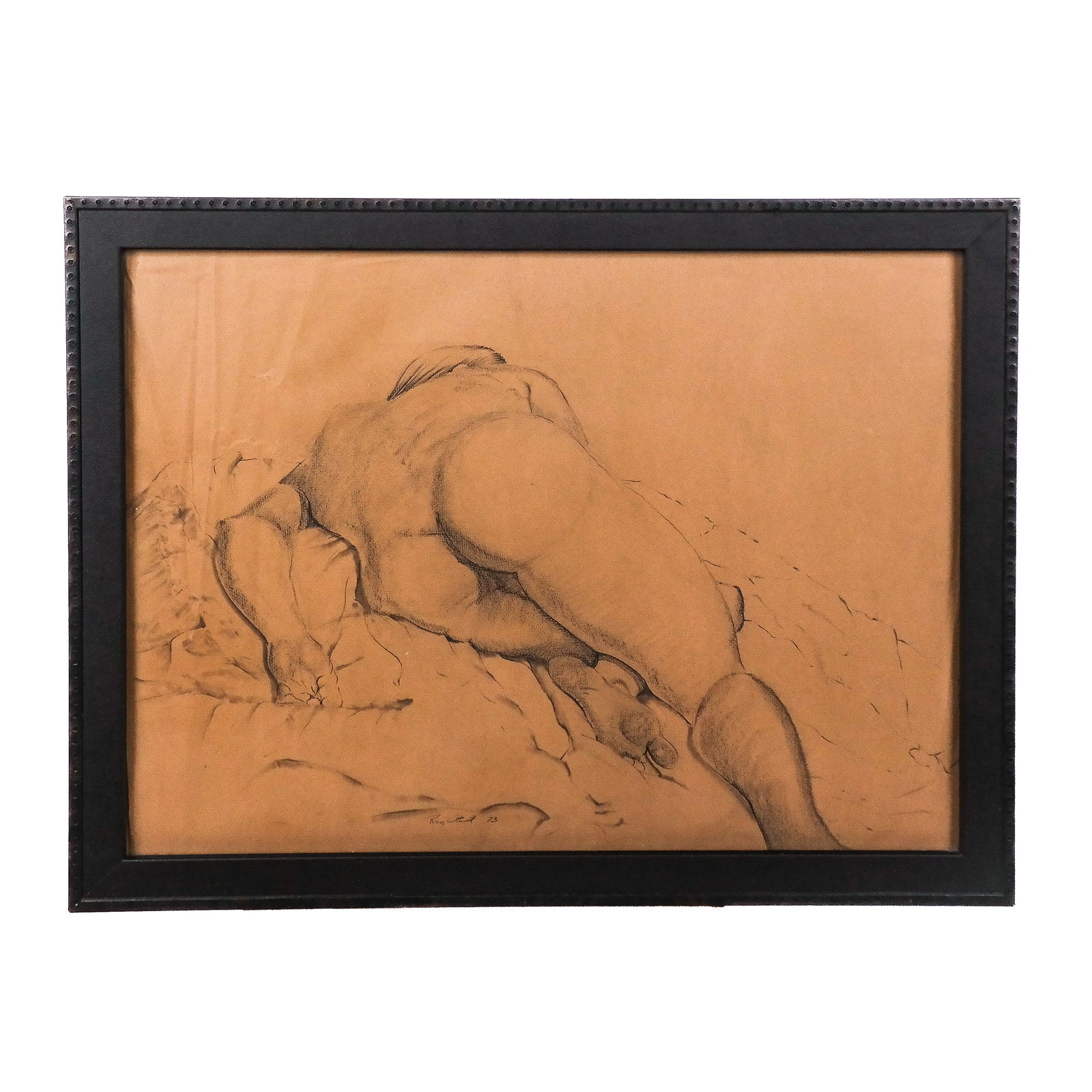 Pencil Drawing of Reclining Nude: Pencil drawing of a reclining nude from the rear, signed illegibly lower middle, dated '73. [Art: 18" H x 24" W; Frame: 22" H x 28" W]. Creases in paper.