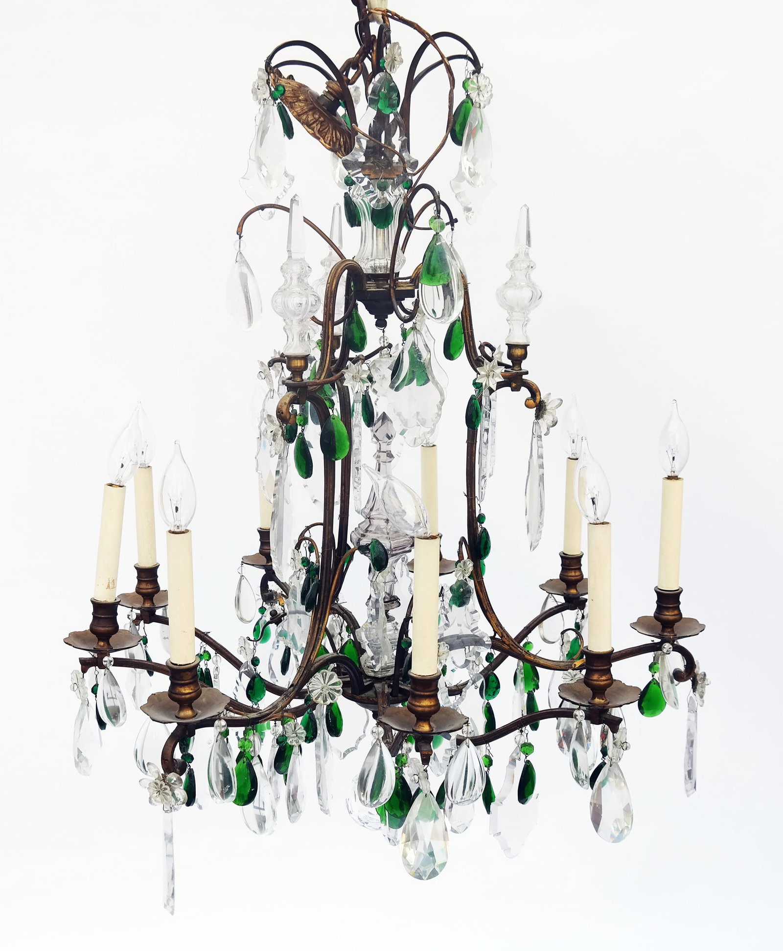 9-Light Bronze & Crystal Chandelier: A 9-light bronze and crystal chandelier having green and clear crystal drops. [36" tall excluding chain, 29" diameter] Provenance: From the Estate of Baroness Gabriele Langer von Langendorff.