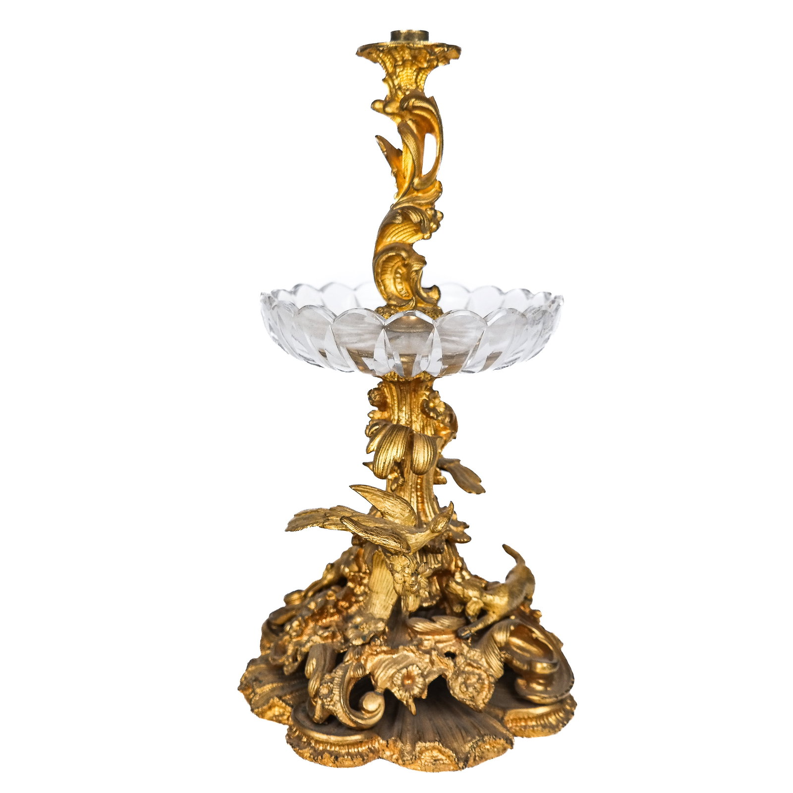 Rococo-Style Gilt Bronze Epergne: Rococo-style gilt bronze epergne, having hunting details and rocaille scrolling motifs around a glass dish. [13 1/2" H x 7 1/2" Diam.]. Lacking upper section and some mounts.