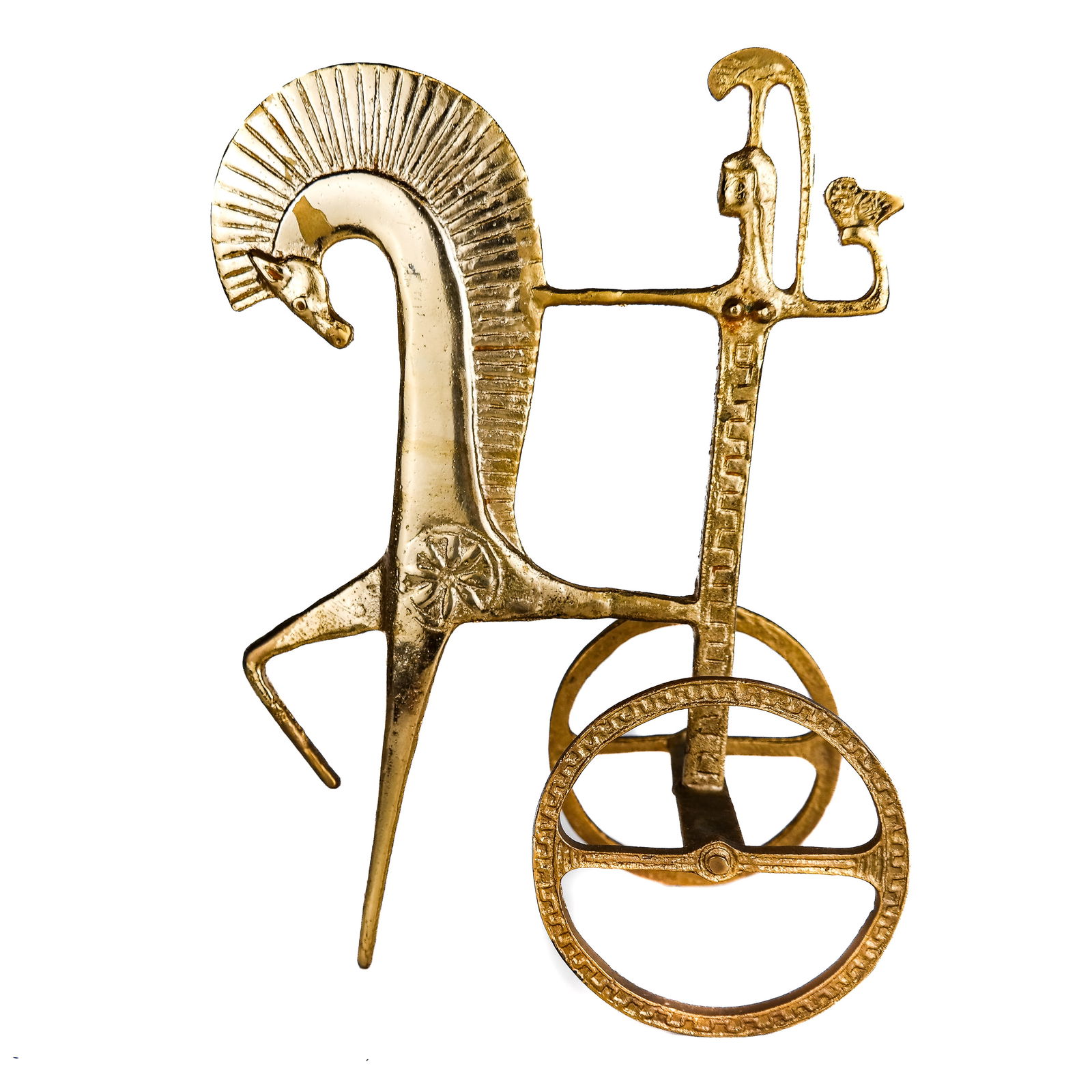 Mid-Century Gilt Bronze Sculpture of Athena: Mid-century gilt bronze sculpture of Athena, after Frederic Weinberg Raymor, the goddess depicted with horse and chariot holding an owl, emblematic of knowledge and wisdom. [10 5/8" H x 7 7/8" W x 4 1