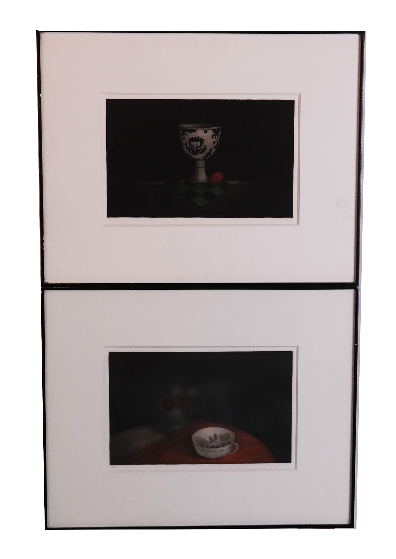 Tomoe YOKOI: Two Still Life Mezzotints: Two Tomoe Yokoi (Japanese, b. 1943) mezzotints, one depicting cabbage roses and a teacup, numbered 73/95, the other depicting a ceramic goblet with strawberry, numbered 30/100, both on larger sheets,