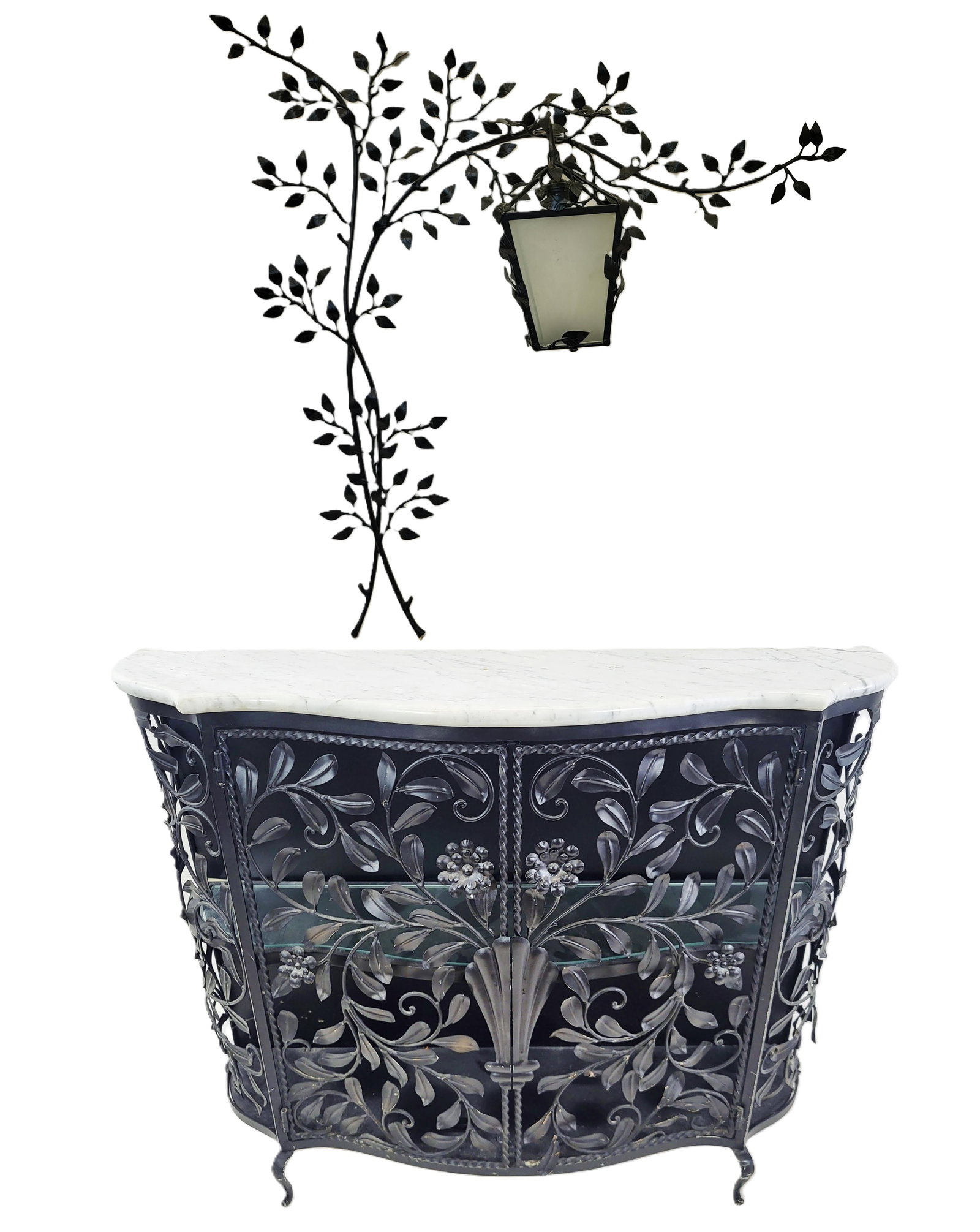 Foliate-Motif Tole Console and Lantern: Foliate-motif marble-top tole console with glass shelf, and a branch lantern. [Branch: 43" H x 36" W x 13" D; Console: 32" H x 12 1/2" W x 40" D].
