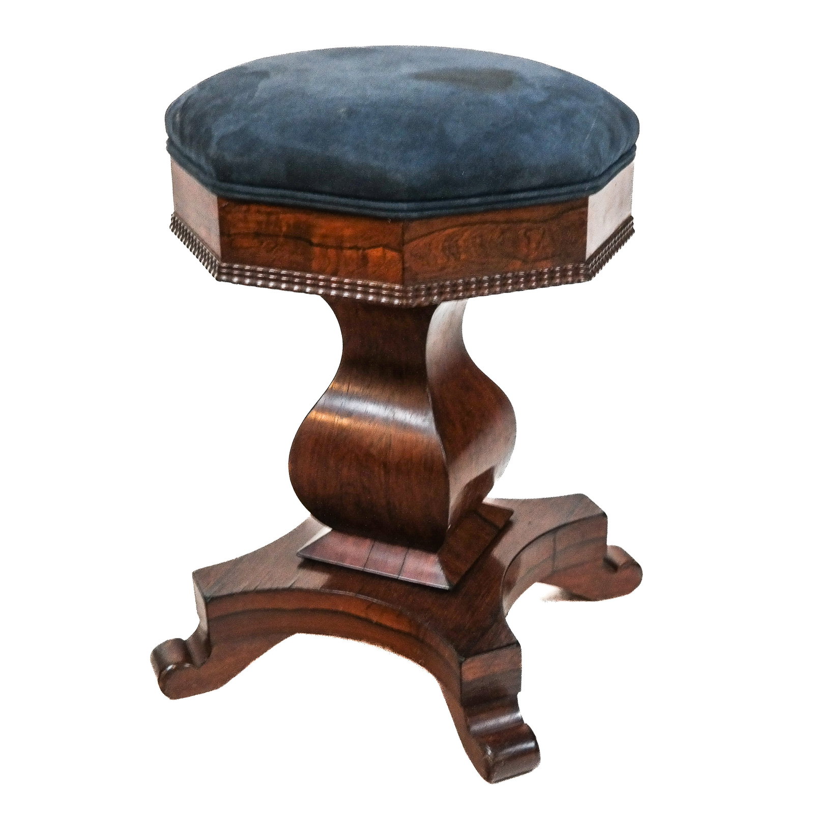 19th C. Empire Rosewood Octagonal Bench: 19th century Empire rosewood octagonal bench with blue upholstery. [20" H x 14" W x 14" D].