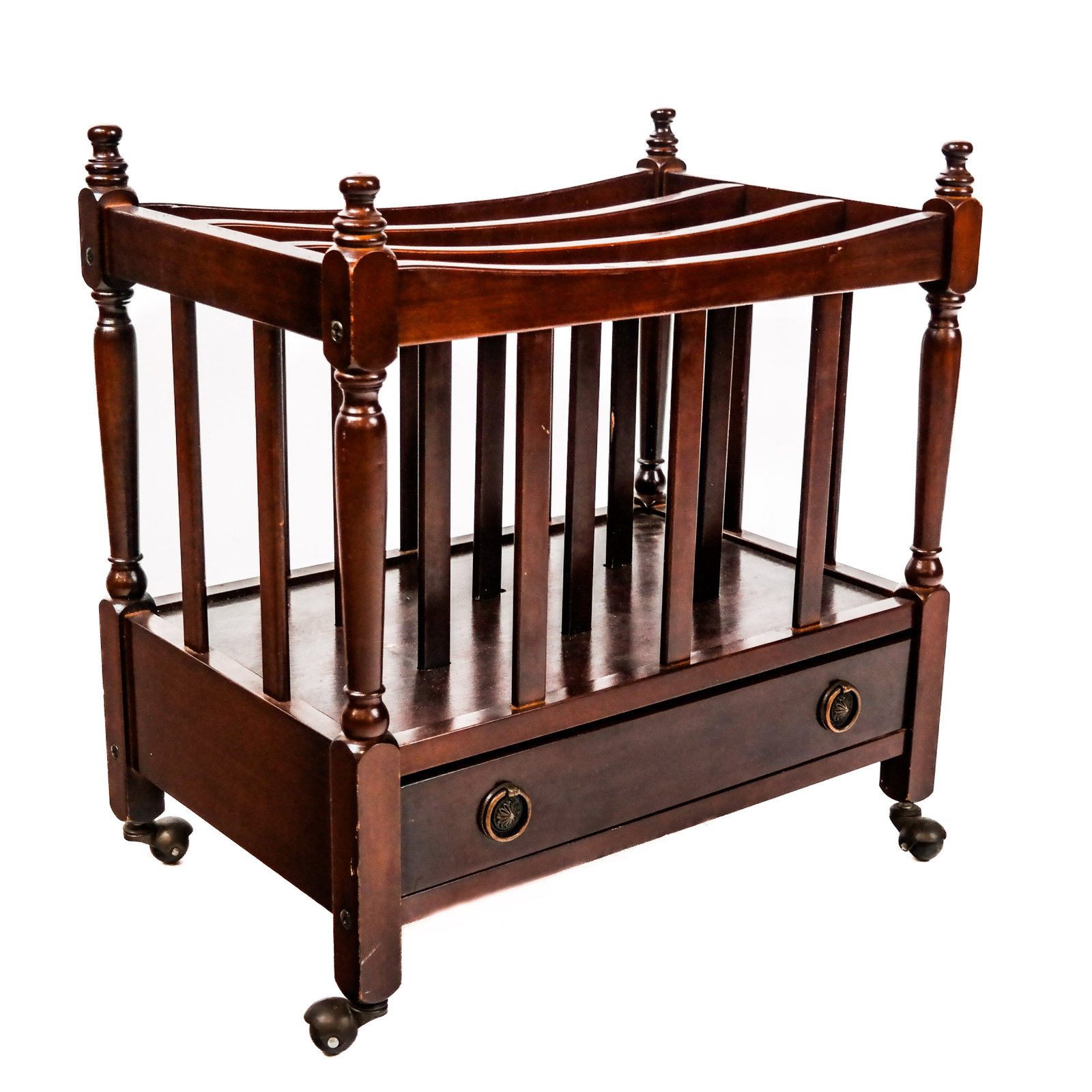 Antique Mahogany Canterbury: Early 20th century mahogany canterbury / magazine stand, on casters. [21" H x 20 1/4" W x 13" D].