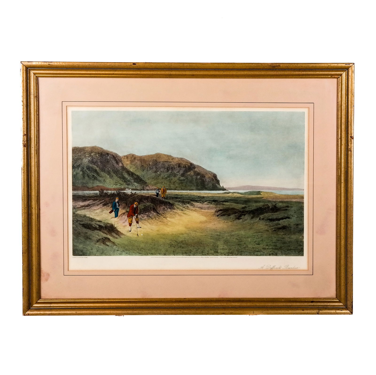 After Douglas ADAMS: Golf Print: After Douglas Adams (English, 1853-1920) print titled "A Difficult Bunker", depicting players at the links of the Conway Golf Club in North Wales. [Frame: 25 1/4" H x 32 1/2" W]. Toning, fading, marks