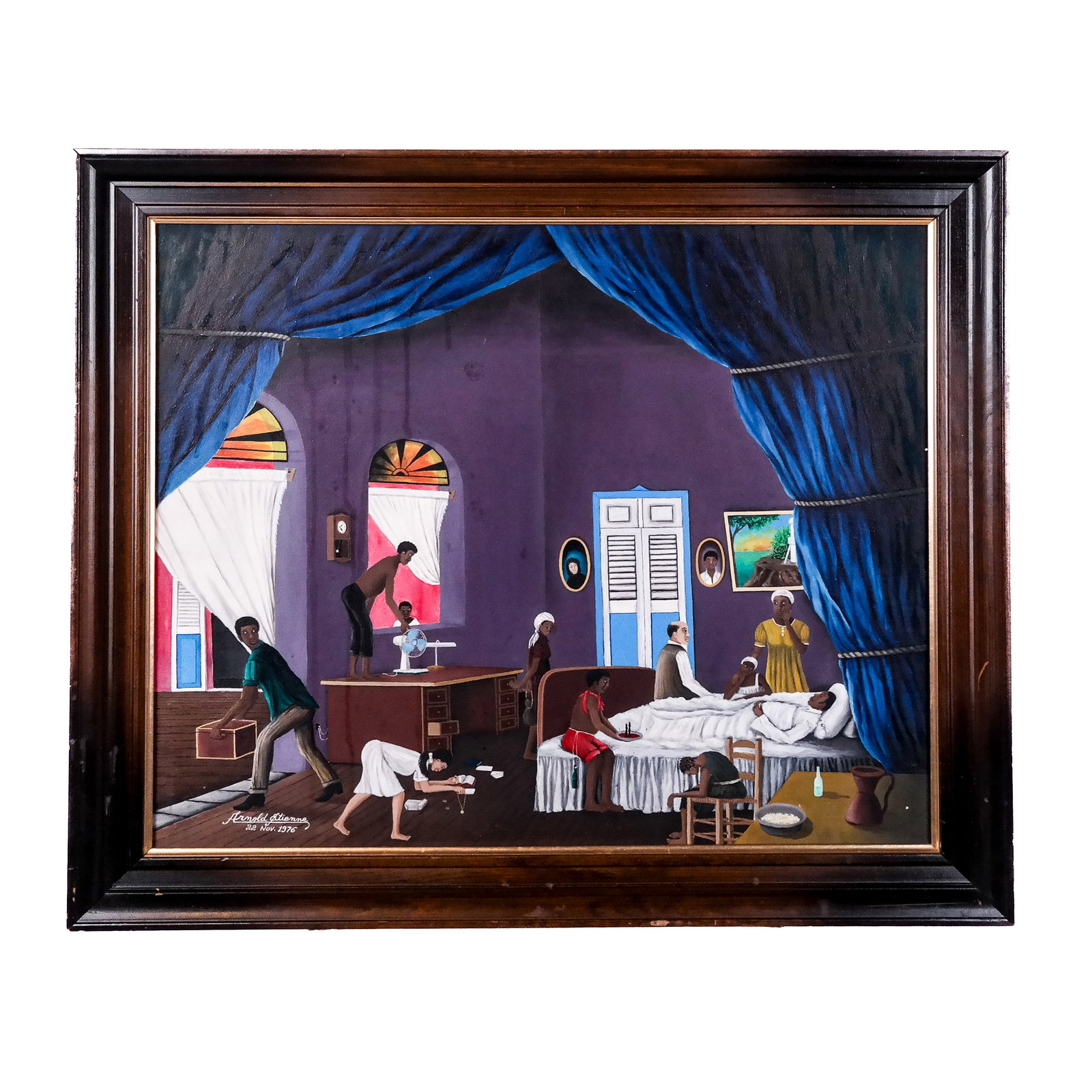Arnold ETIENNE: Haitian Interior - Painting: Arnold Etienne (Haitian, b. 1942) painting on masonite depicting figures in a hospital, signed lower left. [Art: 19" H x 23" W; Frame: 24" H x 28" W].
