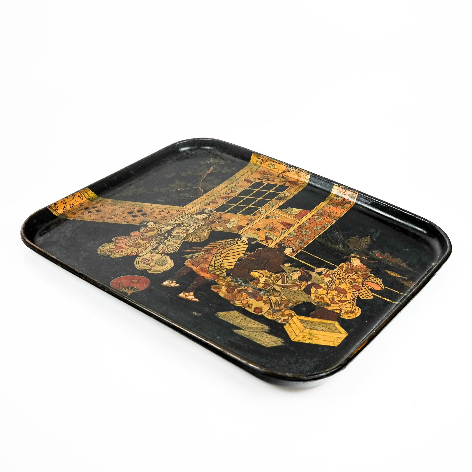 Vintage Chinoiserie-Decorated Cocktail Tray: Vintage Chinoiserie-decorated cocktail tray, decorated with an interior scene with figures. [15 3/4" x 20 1/8"].