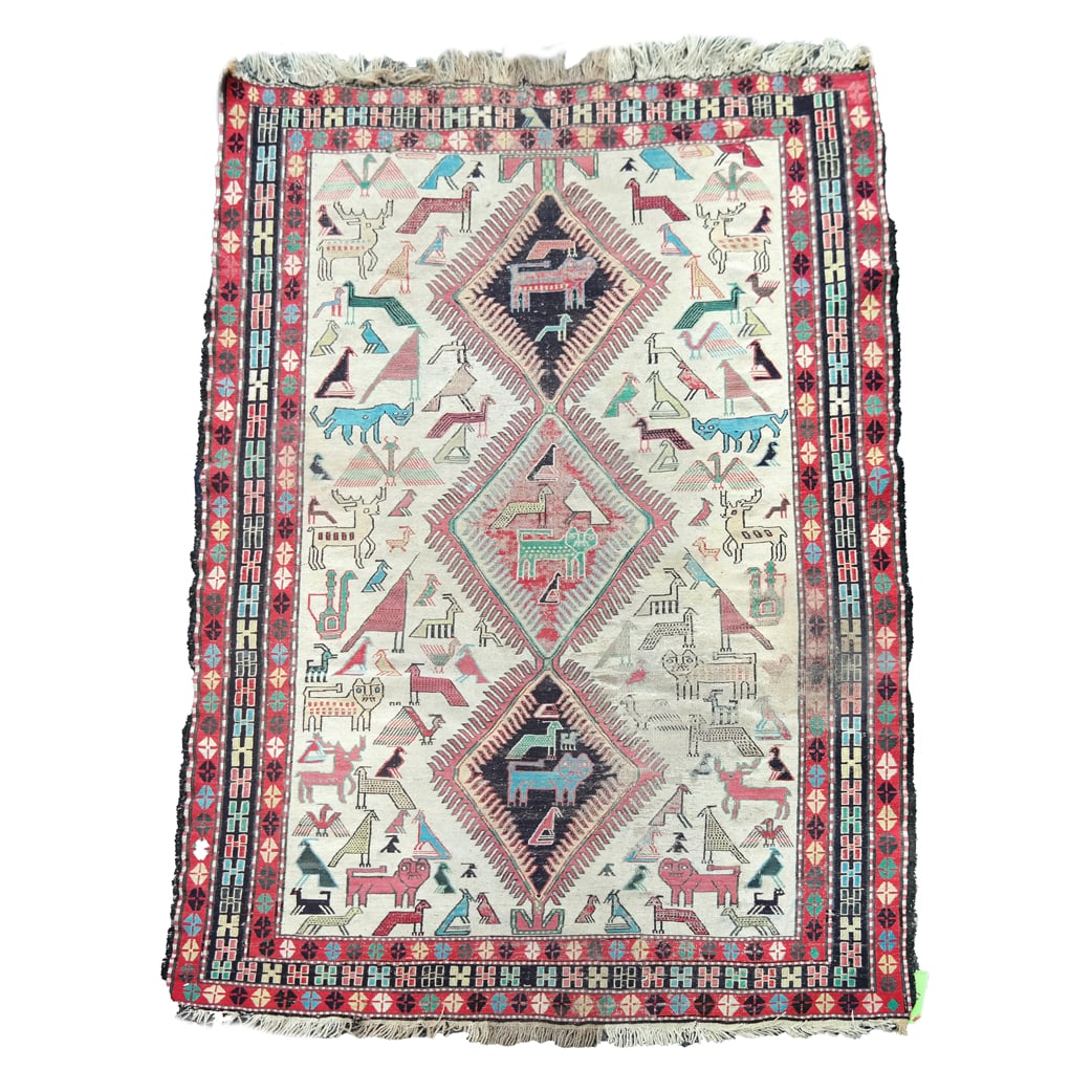 Antique Caucasian Tribal Animal Carpet: Antique Caucasian Tribal animal carpet, probably Soumak, overall colorfully decorated with birds, lions and other animals, first half 20th century, Anatolia, Turkey. [4? 10? x 3? 2?]. Heavy wear and f