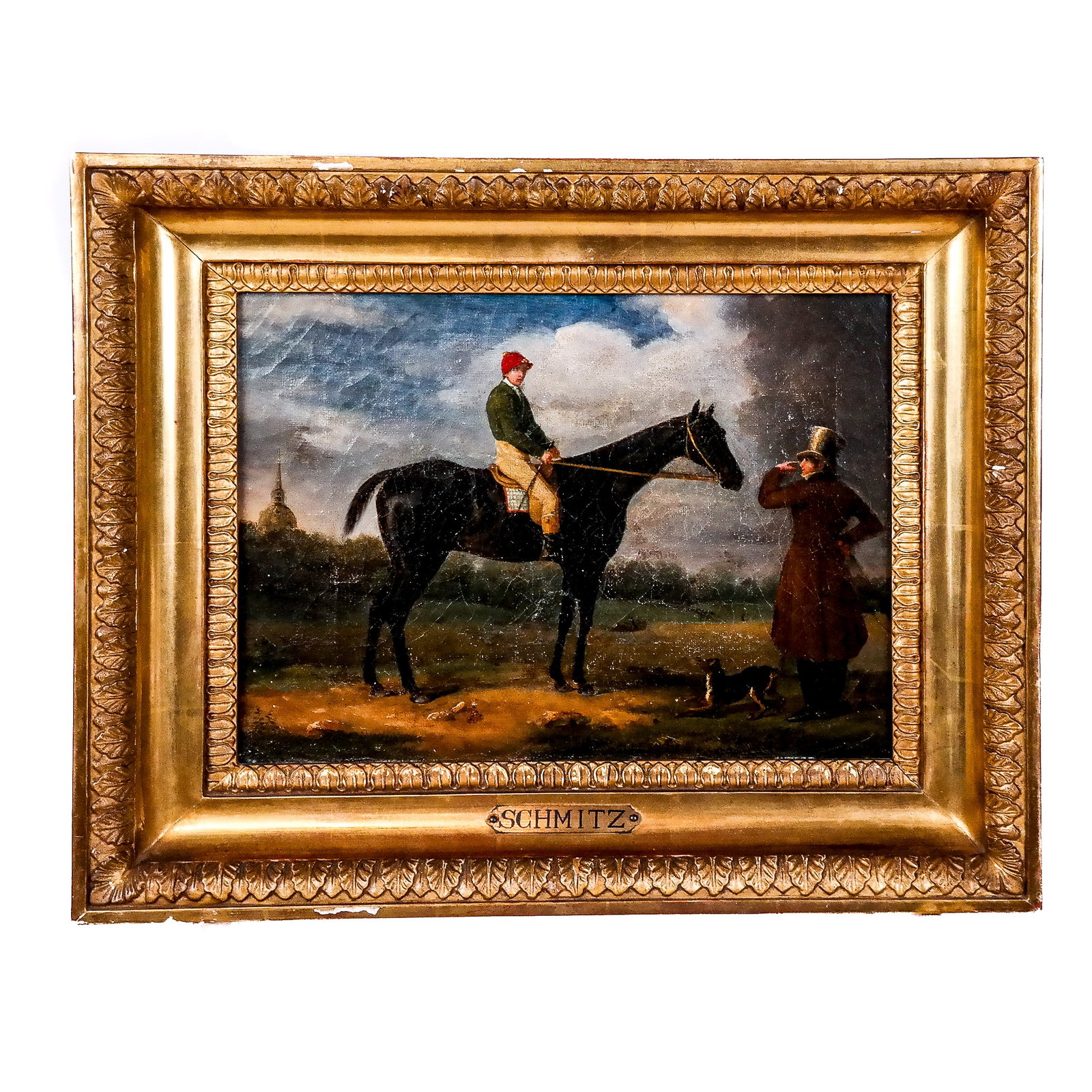 J.L. SCHMITZ: Jockey & Horse - Oil Painting: J.L. (possibly for Jules Leonard) Schmitz (French, 1824-1850) equestrian gilt-framed oil on canvas painting of a jockey, his horse and the owner or trainer. Provenance: From the Collection of renowned