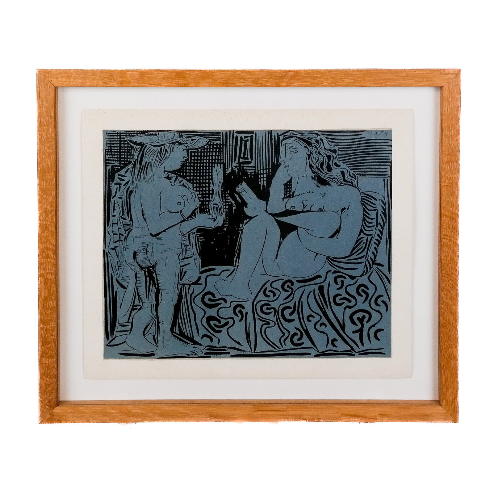 After Pablo PICASSO: "Deux Femmes" - Lino Print: After Pablo Picasso (Spanish, 1881-1973) linocut print circa 1961, "Deux Femmes", depicting a Bacchanalian scene with two women and wine, initialed in the plate upper right. Provenance: From the Colle