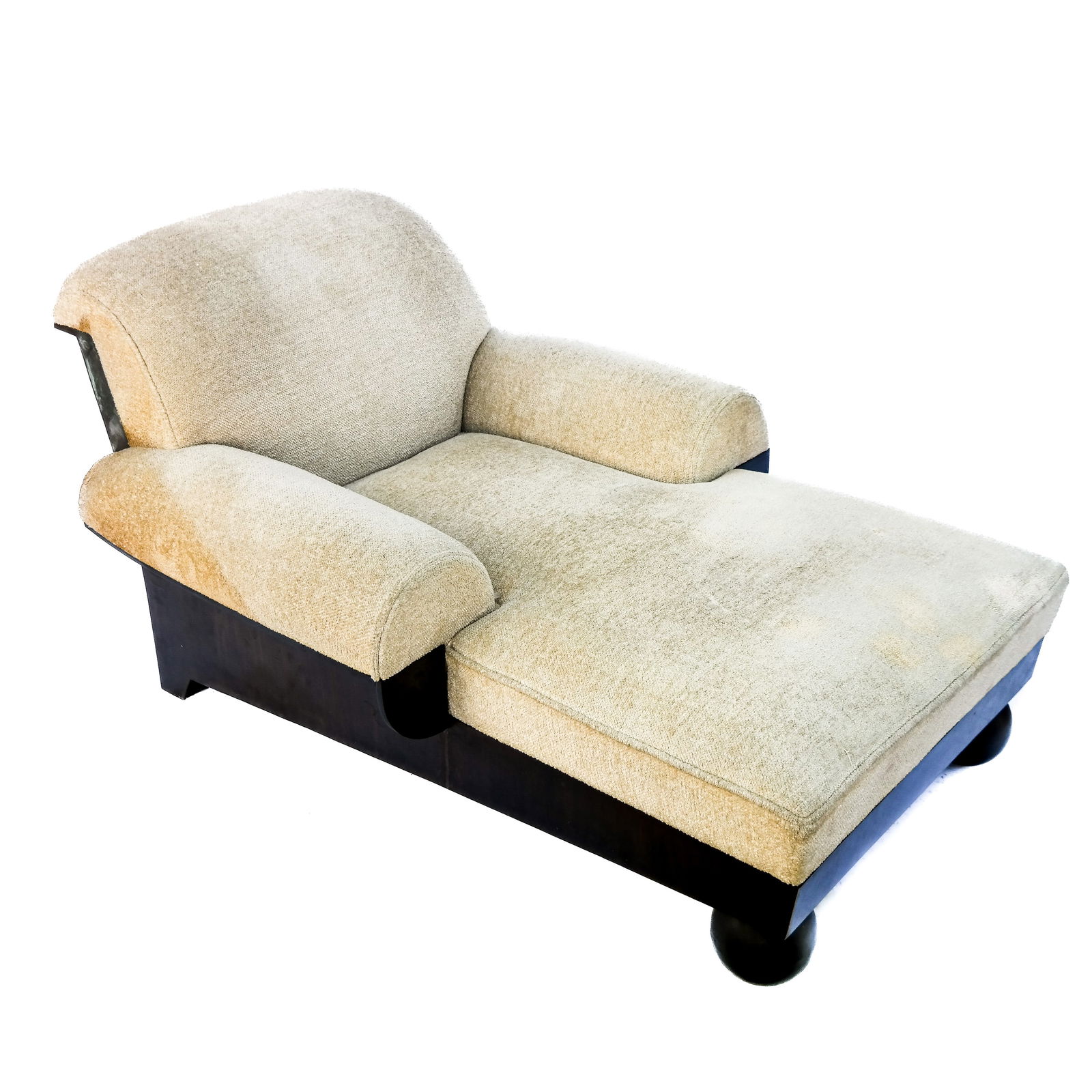 Thierry Despont Chaise Longue: Thierry Despont (French/American, 1948-2023) designed chaise longue with brushed metal (probably stained brass) frame and chenille fabric upholstery, with sliding drink stands. Provenance: From the Co