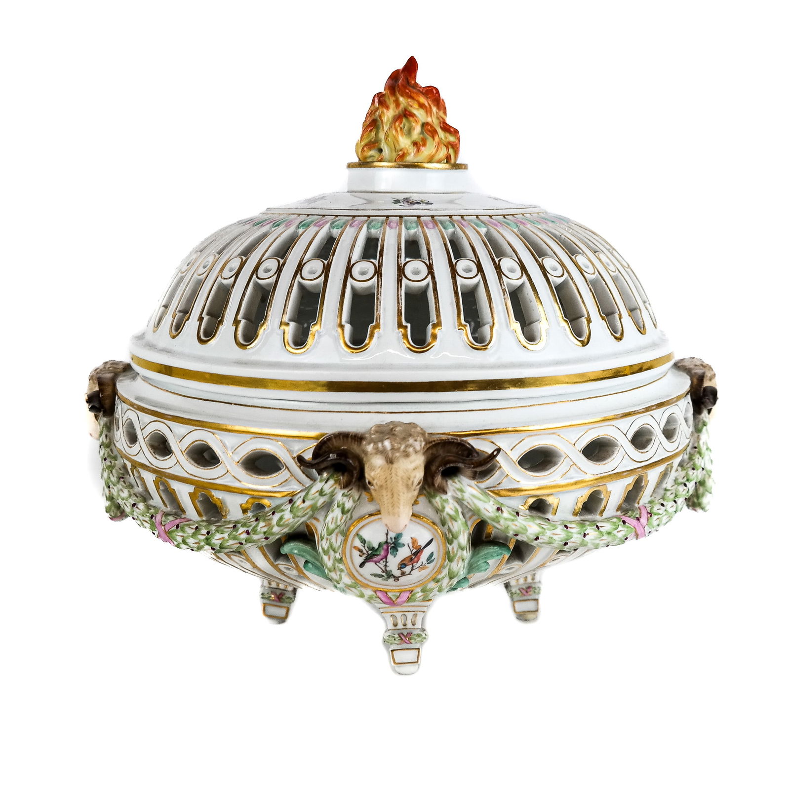 Large Meissen German Porcelain Brule-Parfum: Large Meissen German porcelain potpourri brule-parfum, 19th century, with flambeau flame finial above the gilt-accented reticulated dome lid, Marcolini-style paint-decorated details, rams head masks w