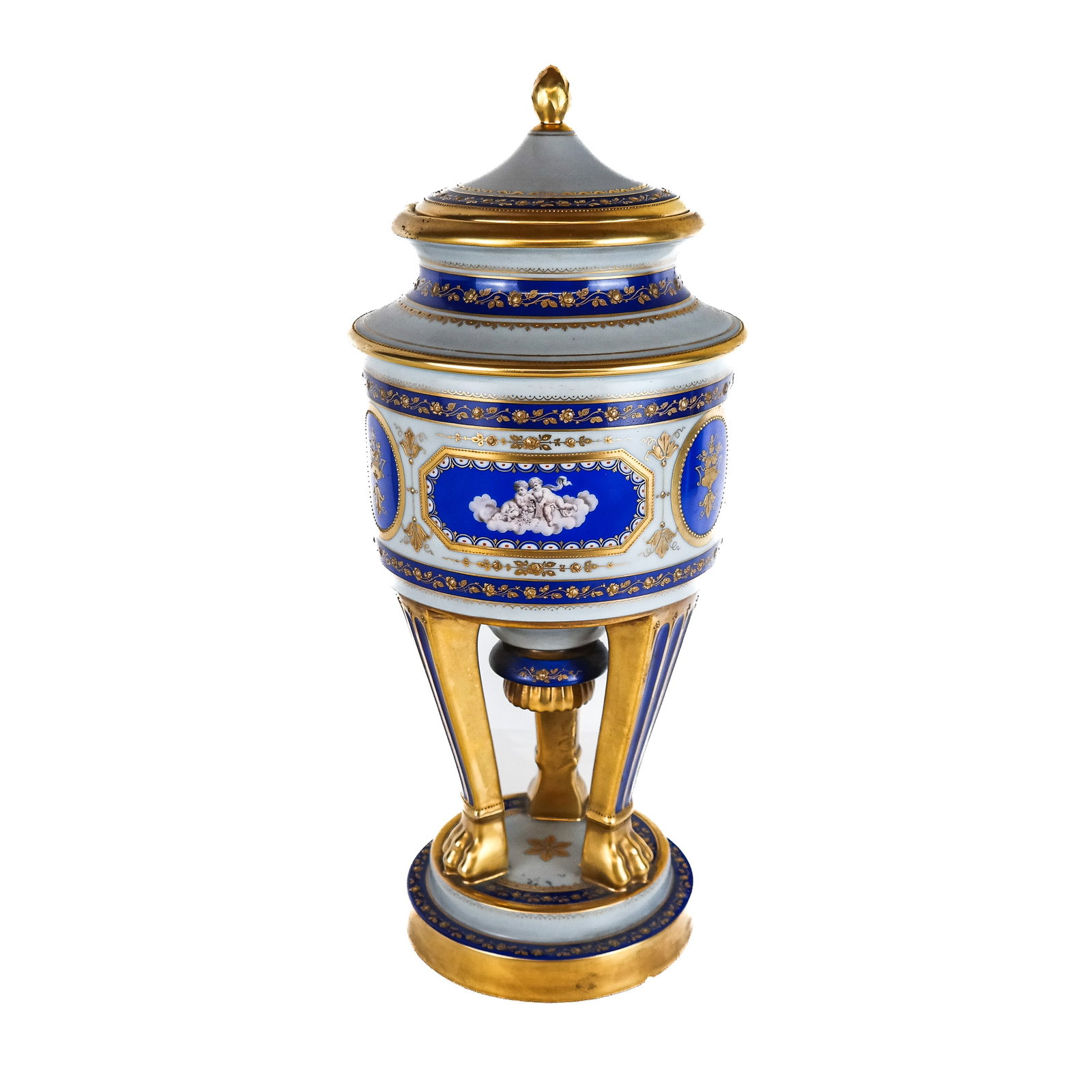 Dresden German Neoclassical-Style Urn: Dresden German Neoclassical-style porcelain urn, late 19th century, with gilt-accented cobalt blue borders and cartouches of winged putti on clouds, raised on tripod paw feet base, marked to base. [18