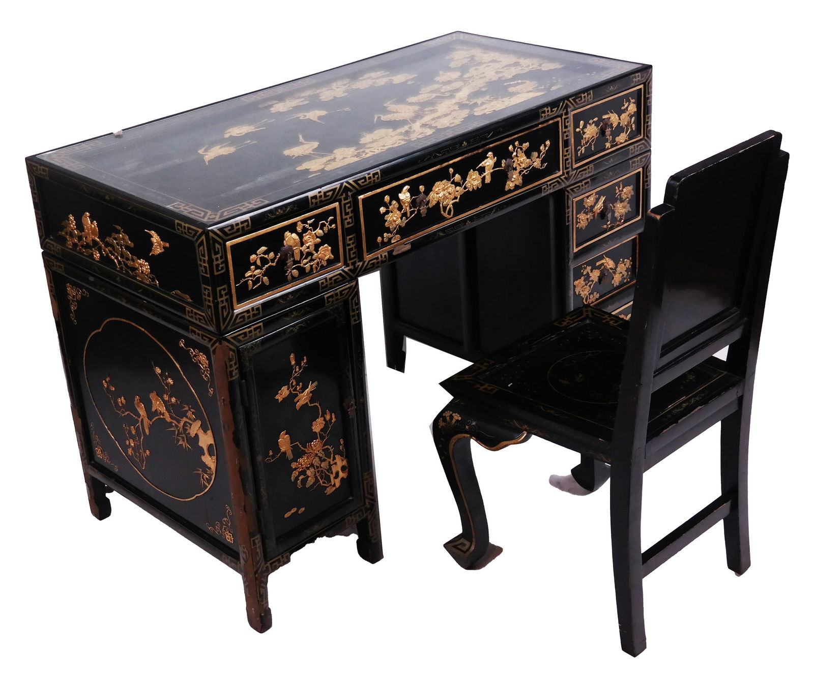 Chinoiserie Black Lacquer Pedestal Desk & Chair (1 of 17)