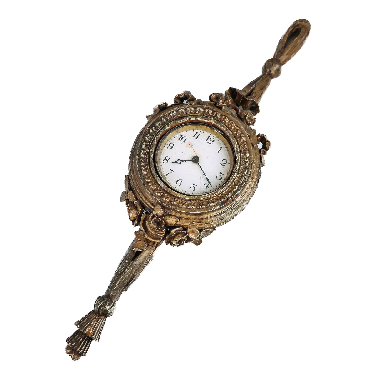 Louis XVI-Style Giltwood Clock: Louis XVI-style giltwood clock with Neoclassical details and floral motifs. [24" H x 7" W x 3 1/2" D]. Cracks and losses to face and gesso decoration.