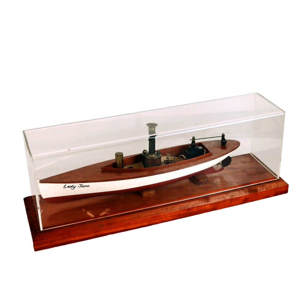 Steamboat Ship Model in Case: Model of the Maxwell Hemmens "Lady Jane" steamboat, in a case, of nautical/maritime interest. [Case: 7" H x 19 1/2" W x 5 1/2" D].